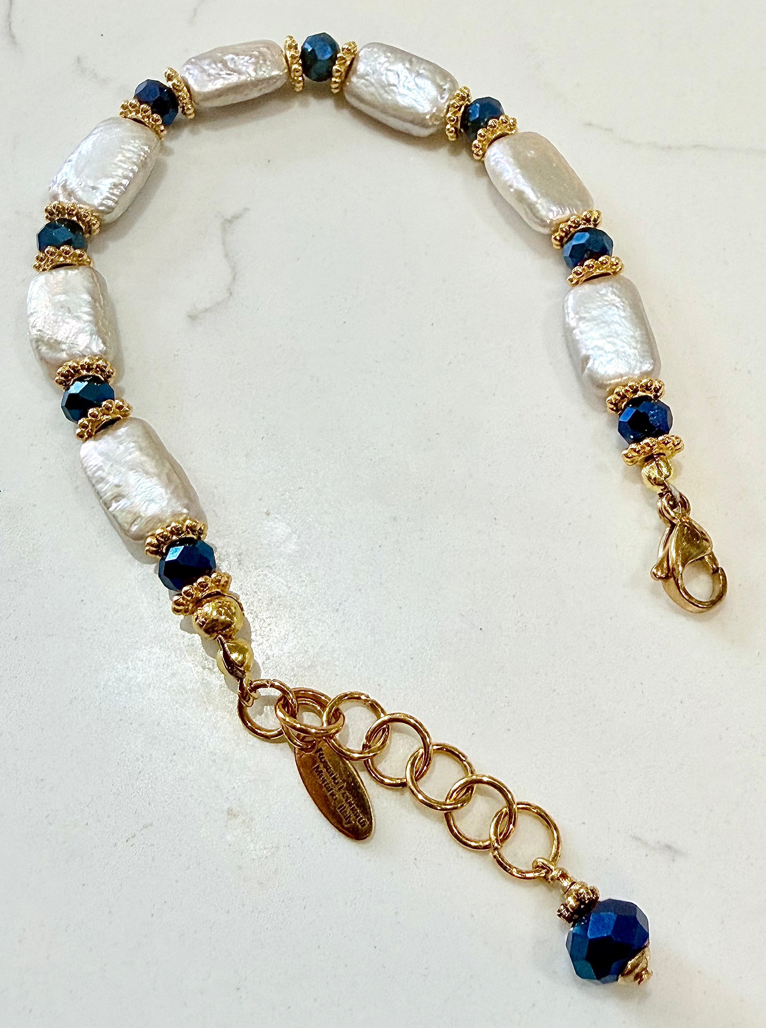 Gorgeous Rectangular Freshwater Pearl & Cobalt Crystal Bracelet
