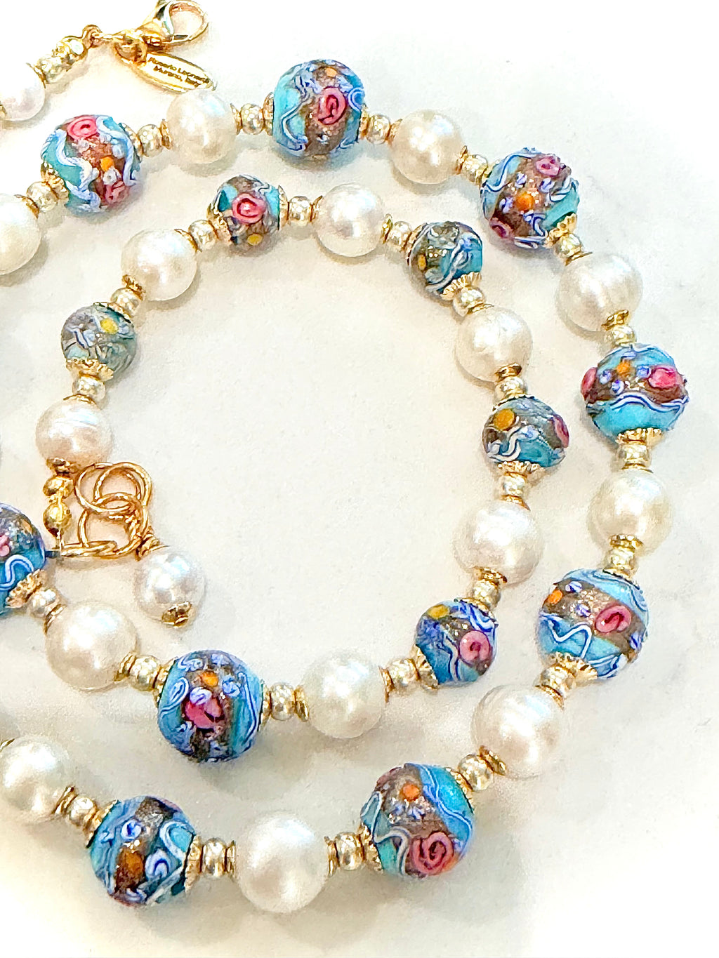 Rosario Leonardi Vintage Fancy Wedding Cake Beads & White Freshwater Pearl Necklace