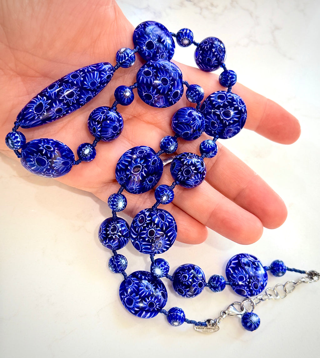 Rosario Leonardi Cobalt Blue Neckalce Featuring Exclusive Ercole Moretti Murano Millefiori Glass Beads