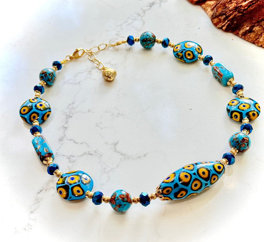 Perfect Combination of Old Meets New-Rosario Leonardi Aqua Blue & Gold Themed Necklace Featuring Exclusive Custom Moretti Beads