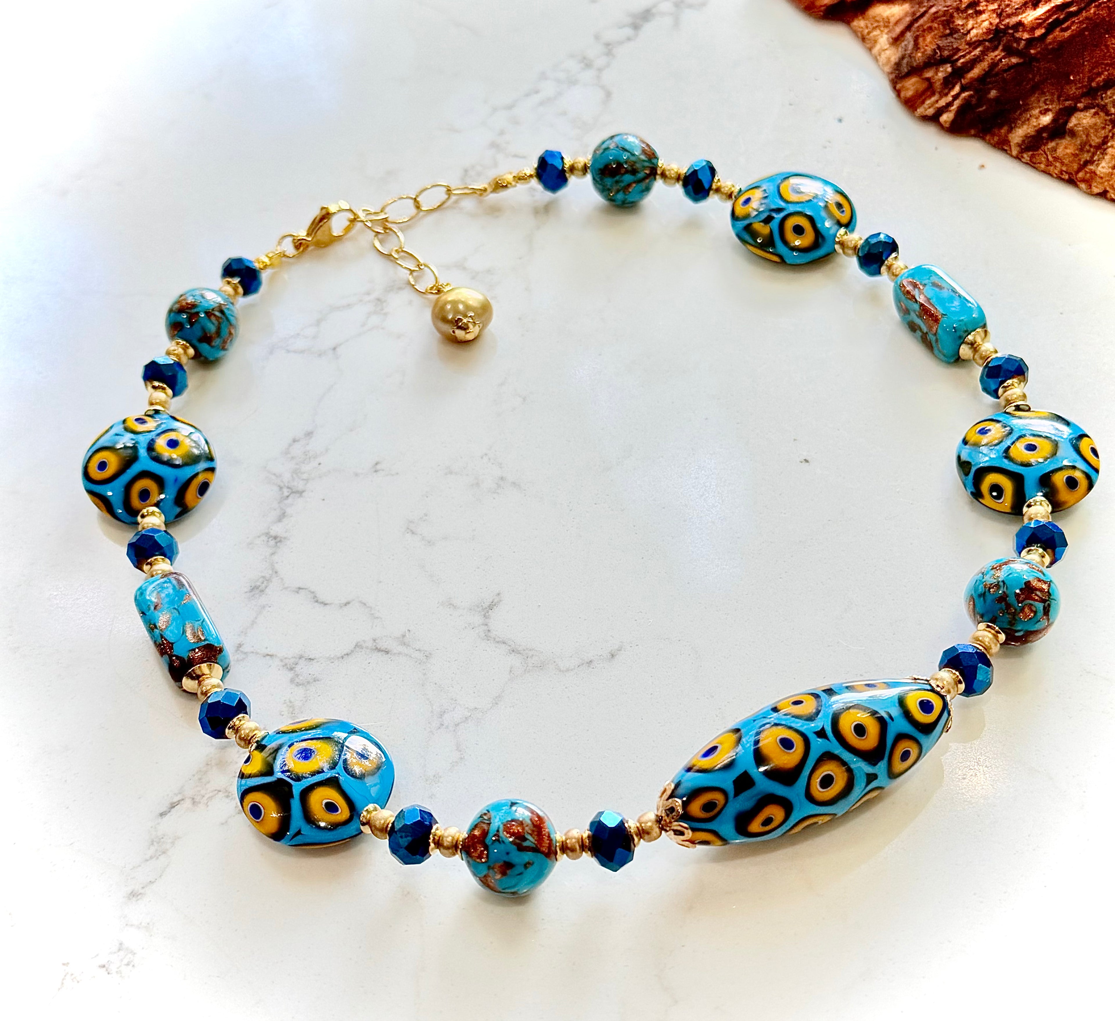 Perfect Combination of Old Meets New-Rosario Leonardi Aqua Blue & Gold Themed Necklace Featuring Exclusive Custom Moretti Beads