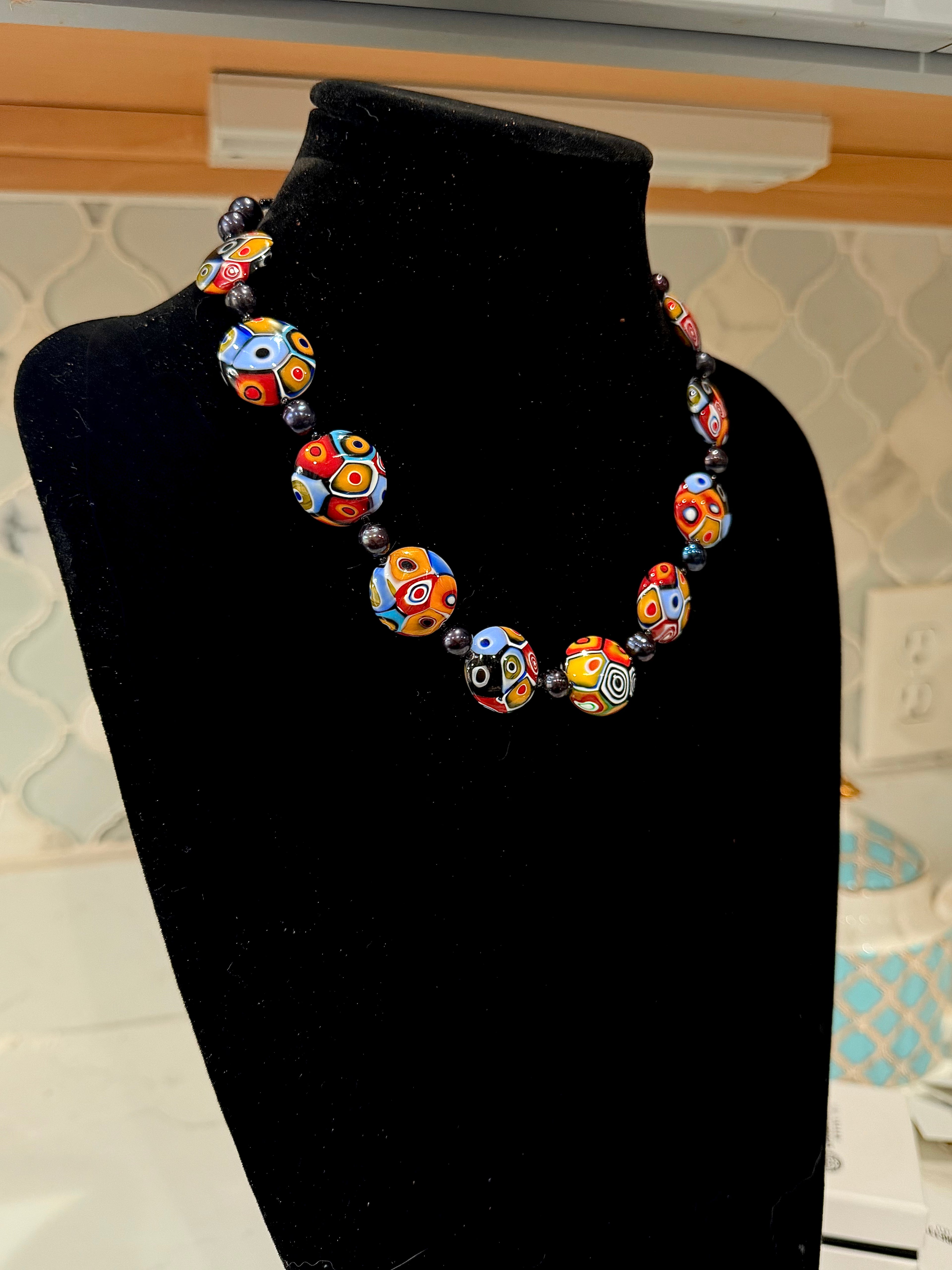 Rosario Leonardi Black Freshwater Pearl & Multicolored Coin Shaped Bead Necklace Featuring Ercole Moretti TriColored Patterned  Beads