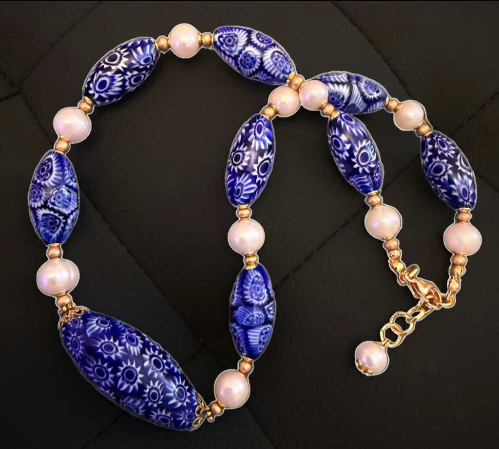 Rosario Leonardi Cobalt  And White Millefiori & Freshwater Pearl Necklace- Featuring EXCLUSIVELY Made Millefiori Murano  Torpedo Glass Beads Just For Our Shop