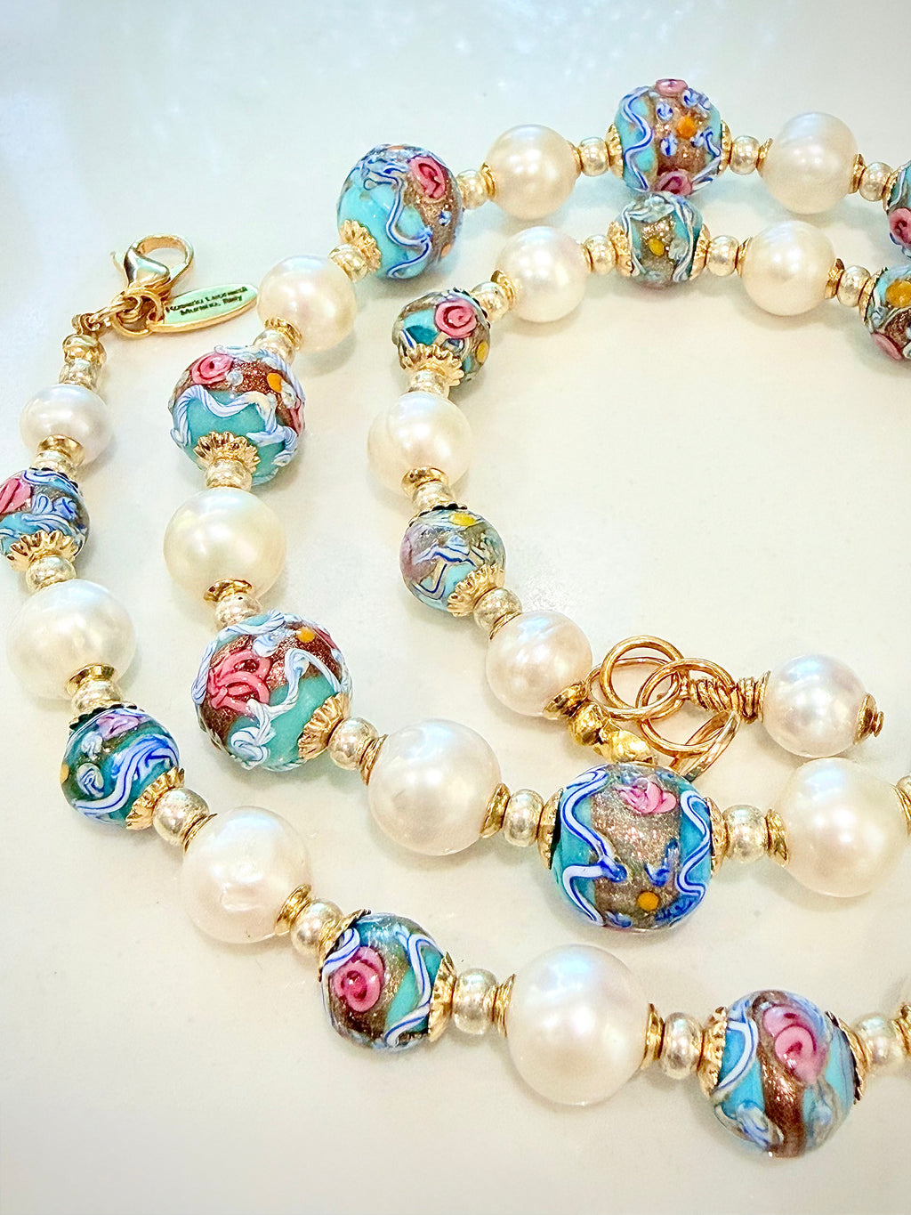 Rosario Leonardi Vintage Fancy Wedding Cake Beads & White Freshwater Pearl Necklace