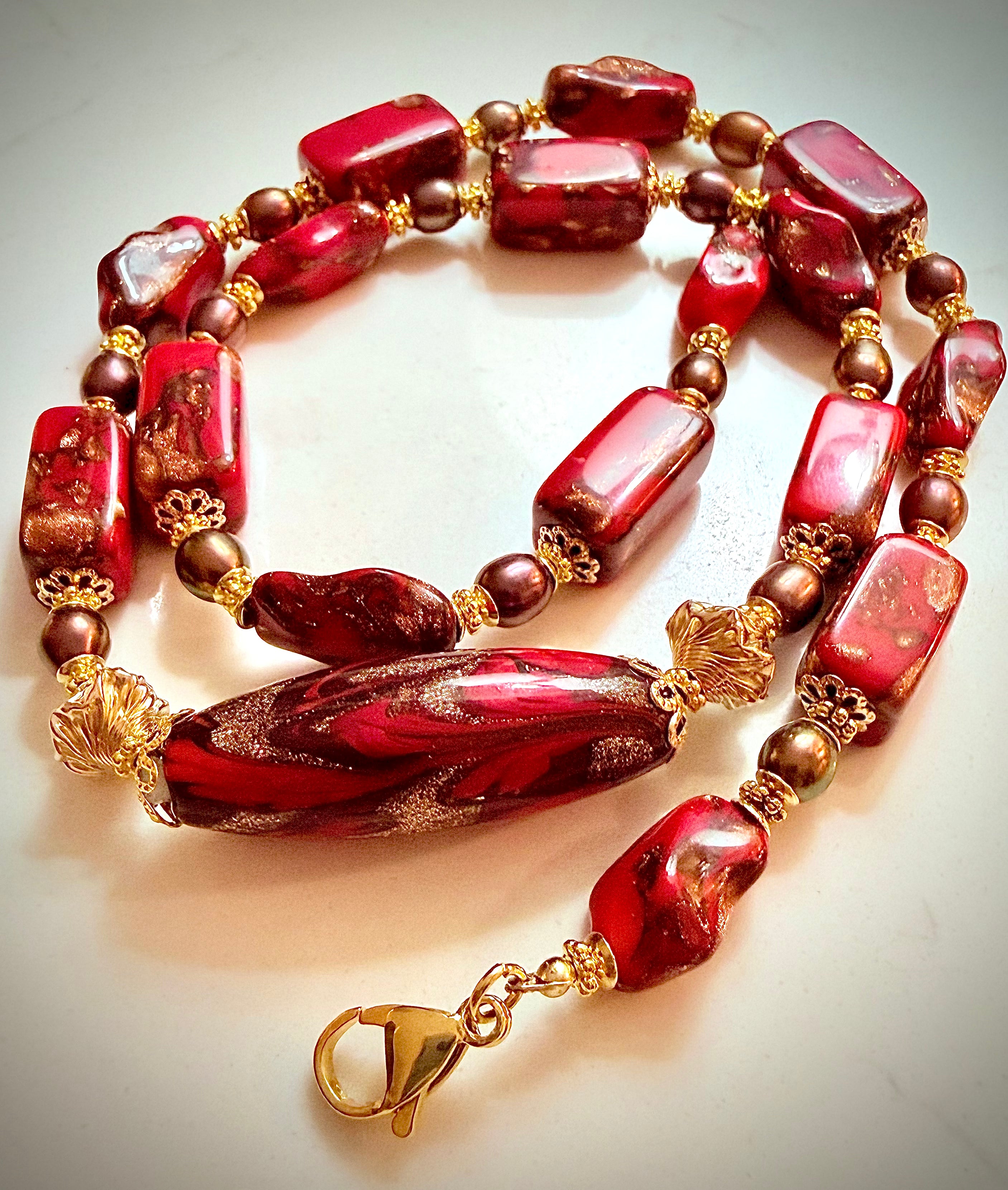 Rosario Leonardi 20” Red Aventurine Necklace & Bracelet Option Featuring Brown Iridescent freshwater pearls, & 3 Different Shapes of Ercole Moretti Beads