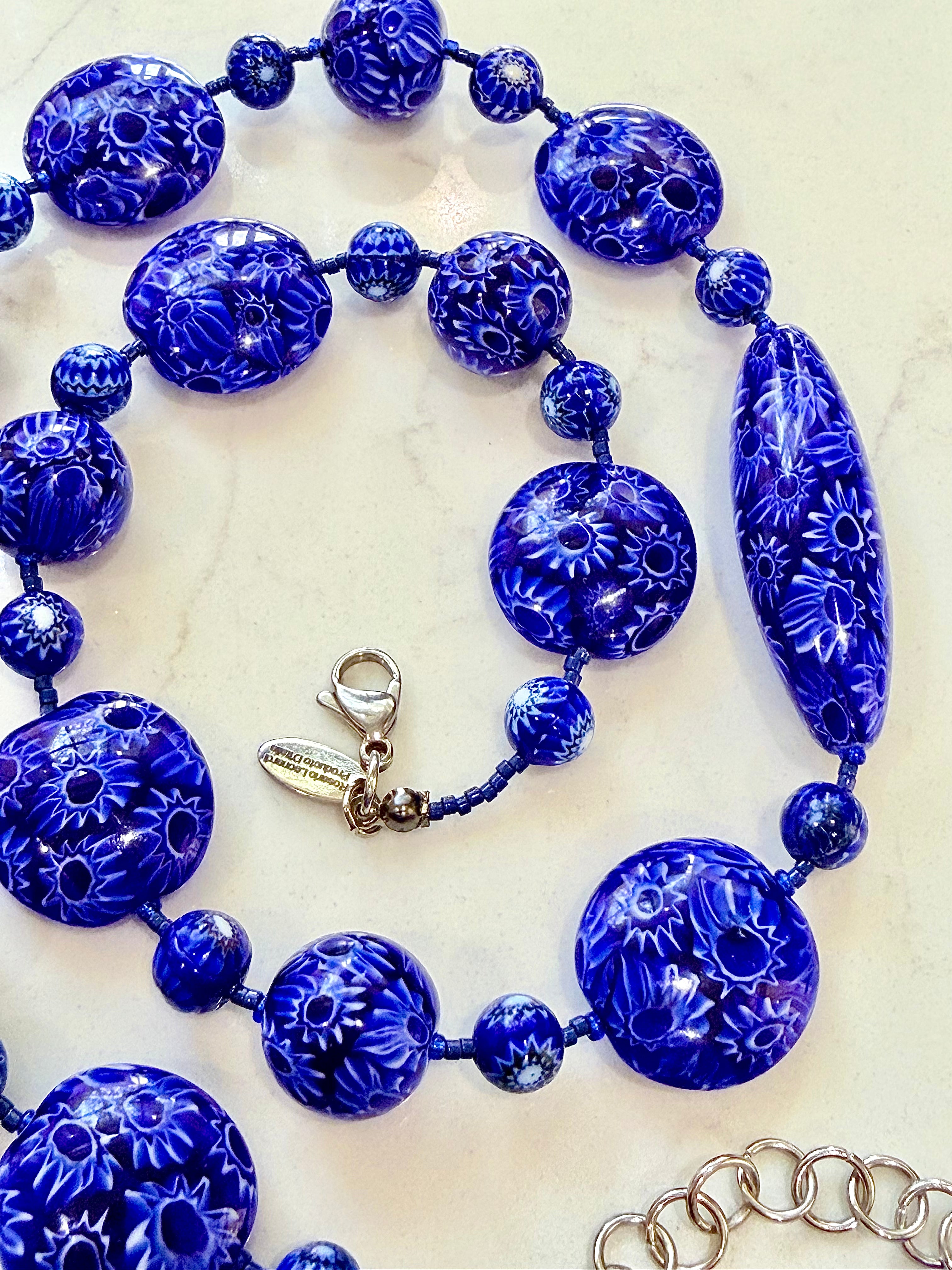 Rosario Leonardi Cobalt Blue Neckalce Featuring Exclusive Ercole Moretti Murano Millefiori Glass Beads