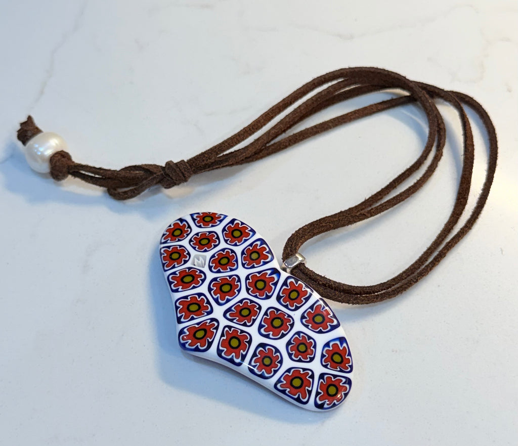One of a Kind Moretti Heart Shaped Pendants on Strung on Chocolate Brown Vegan Suede With Freshwater Pearl Closure