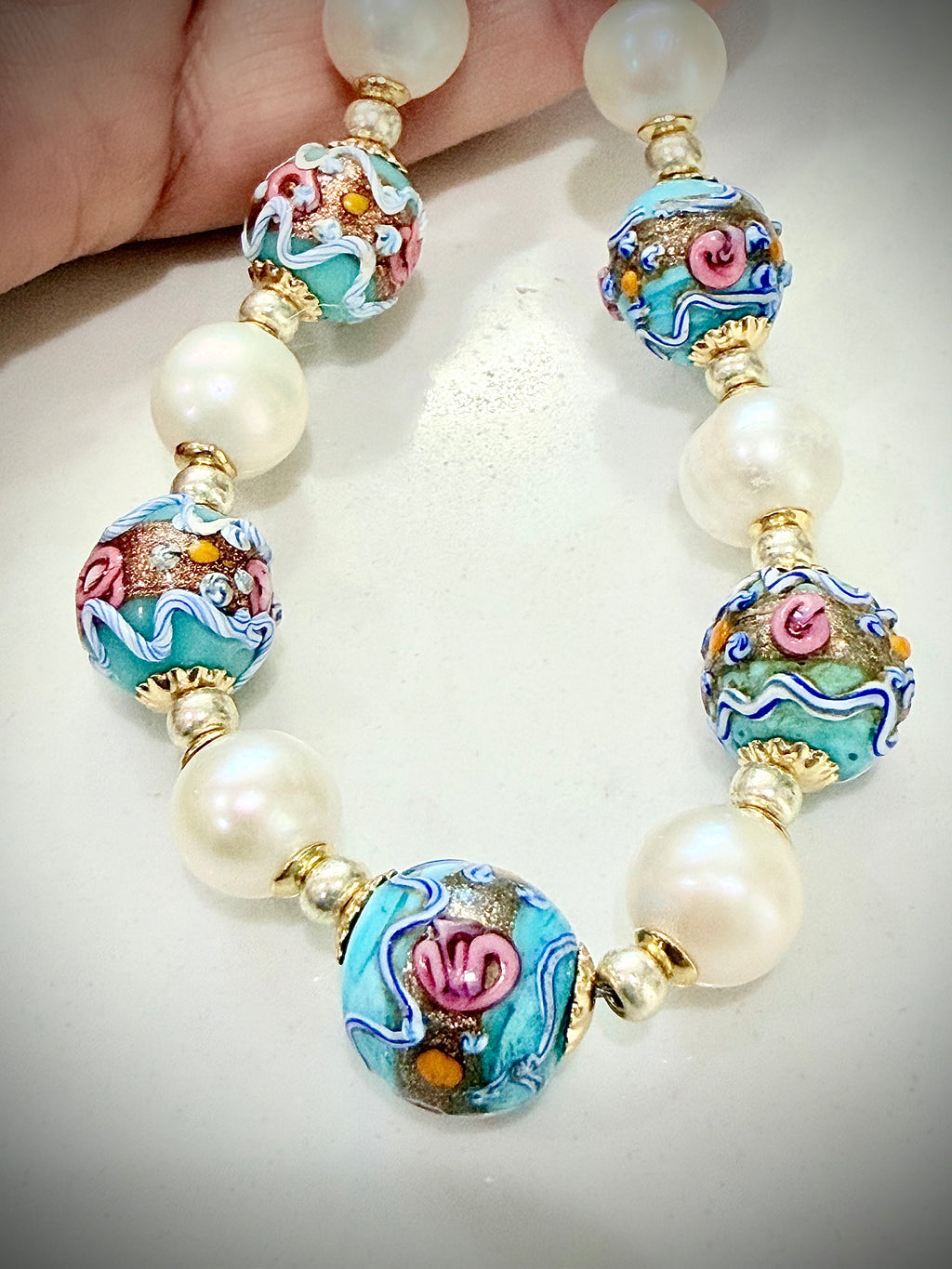 Rosario Leonardi Vintage Fancy Wedding Cake Beads & White Freshwater Pearl Necklace