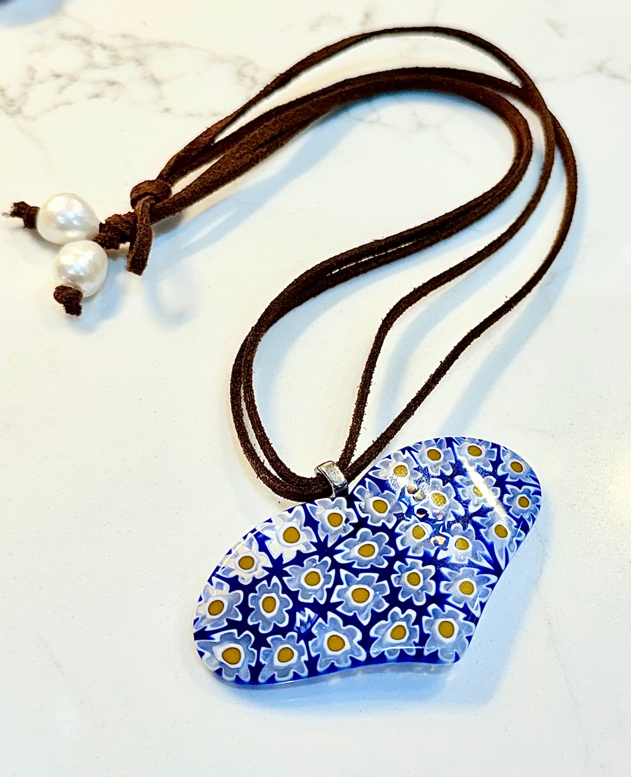 One of a Kind Moretti Heart Shaped Pendants on Strung on Chocolate Brown Vegan Suede With Freshwater Pearl Closure
