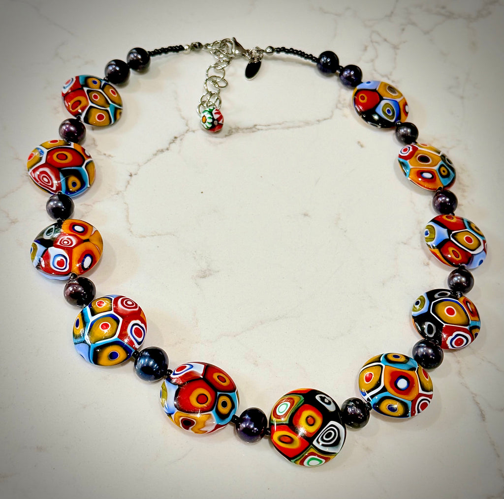 Rosario Leonardi Black Freshwater Pearl & Multicolored Coin Shaped Bead Necklace Featuring Ercole Moretti TriColored Patterned  Beads