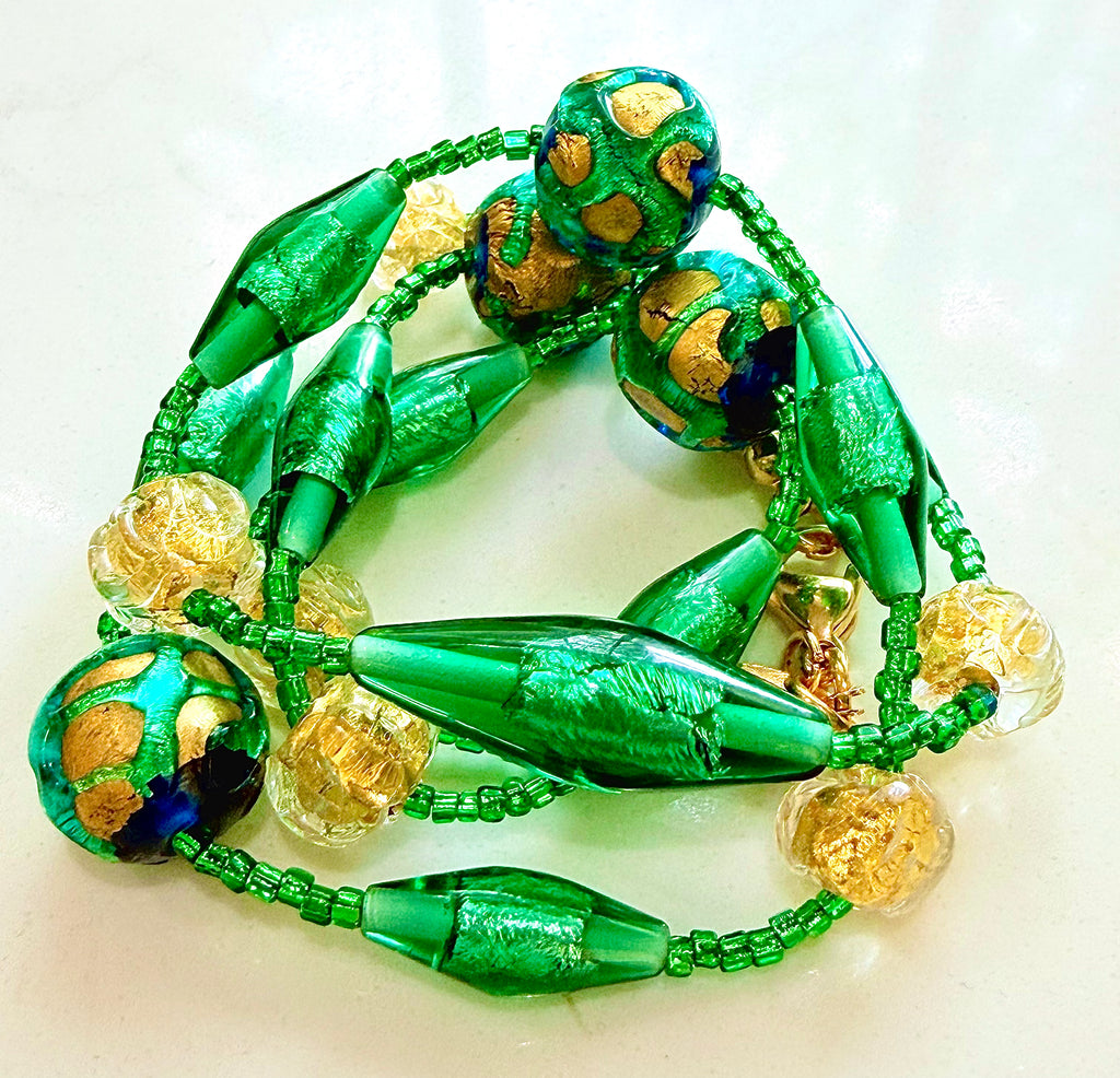 Rosario Leonardi “Boy That’s Green & Gold!” Murano Lampwork & Czech Glass Necklace, One of a Kind.