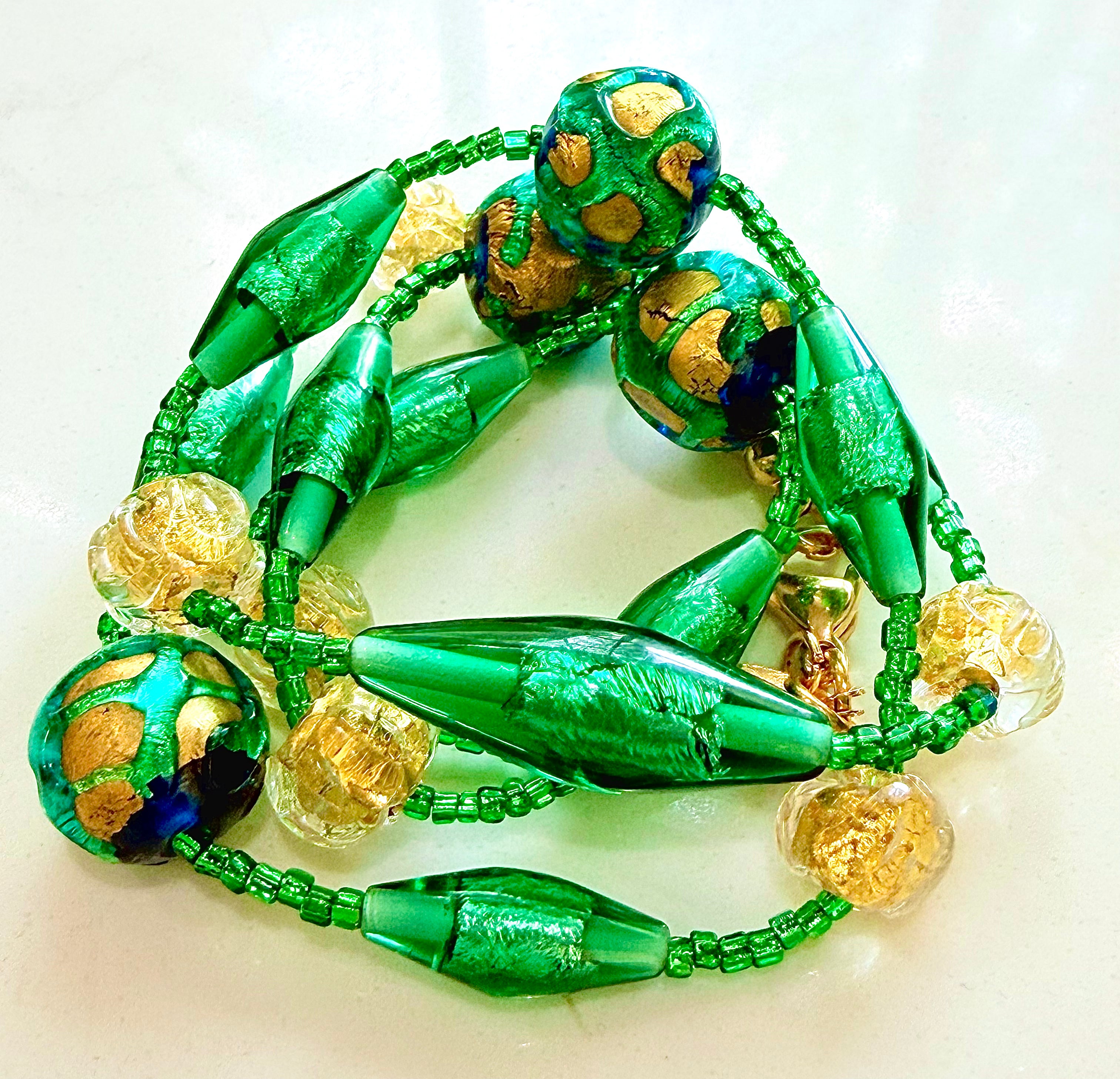 Rosario Leonardi “Boy That’s Green & Gold!” Murano Lampwork & Czech Glass Necklace, One of a Kind.