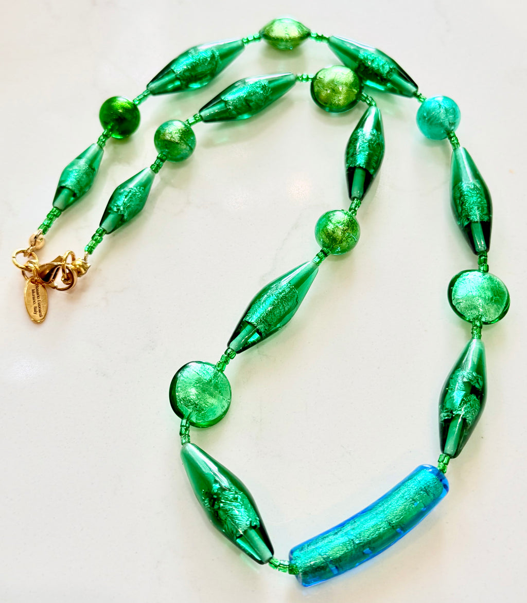Rosario Leonardi “Boy That’s Green” Murano Lampwork & CzechGlass Necklace, One of a Kind.