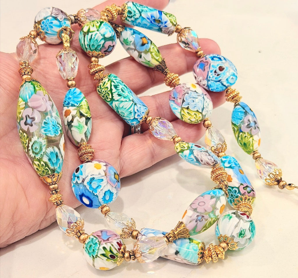 Pastel Lace Matched Millefiori Murano Glass Necklace Featuring Moretti Beads