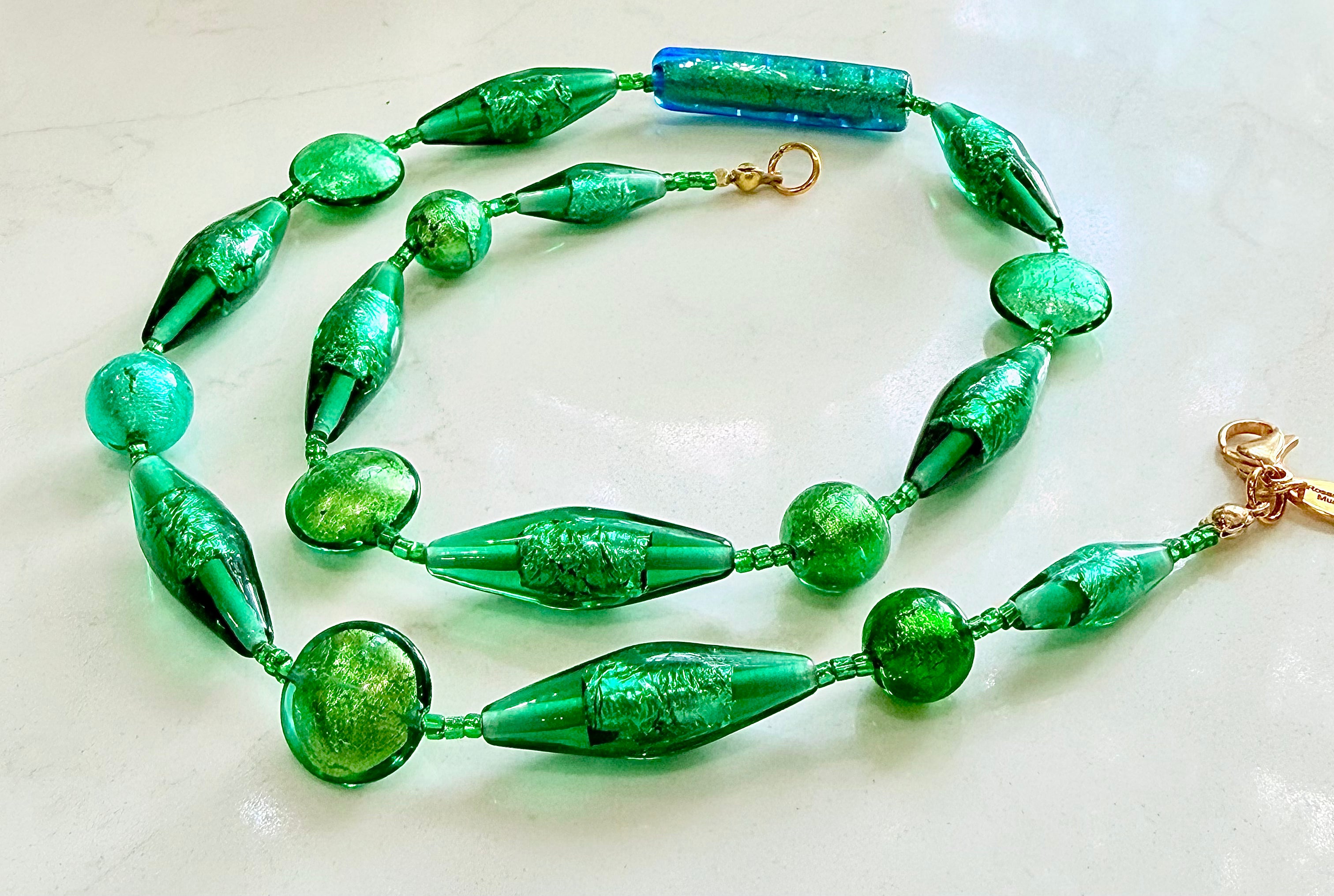 Rosario Leonardi “Boy That’s Green” Murano Lampwork & CzechGlass Necklace, One of a Kind.
