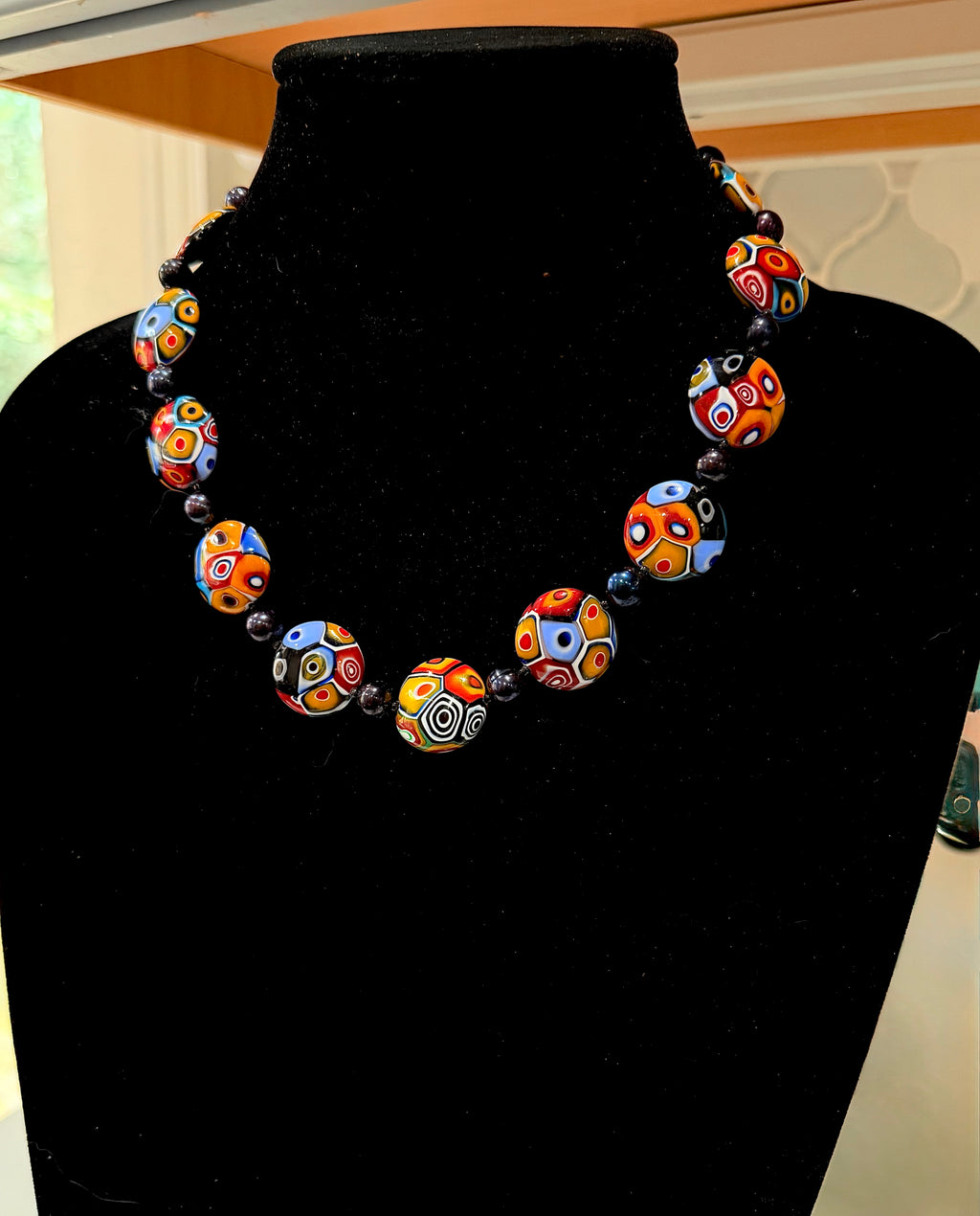 Rosario Leonardi Black Freshwater Pearl & Multicolored Coin Shaped Bead Necklace Featuring Ercole Moretti TriColored Patterned  Beads