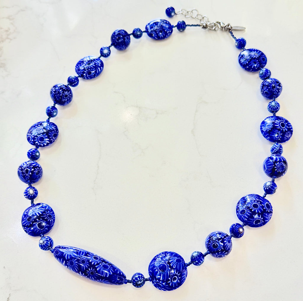 Rosario Leonardi Cobalt Blue Neckalce Featuring Exclusive Ercole Moretti Murano Millefiori Glass Beads