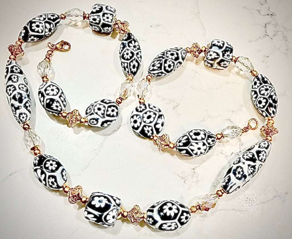 Black & White Millefiori Murano Glass Necklace Featuring EXCLUSIVE Ercole Moretti Beads & 12k Yellow Gold Filled Lantern Beads