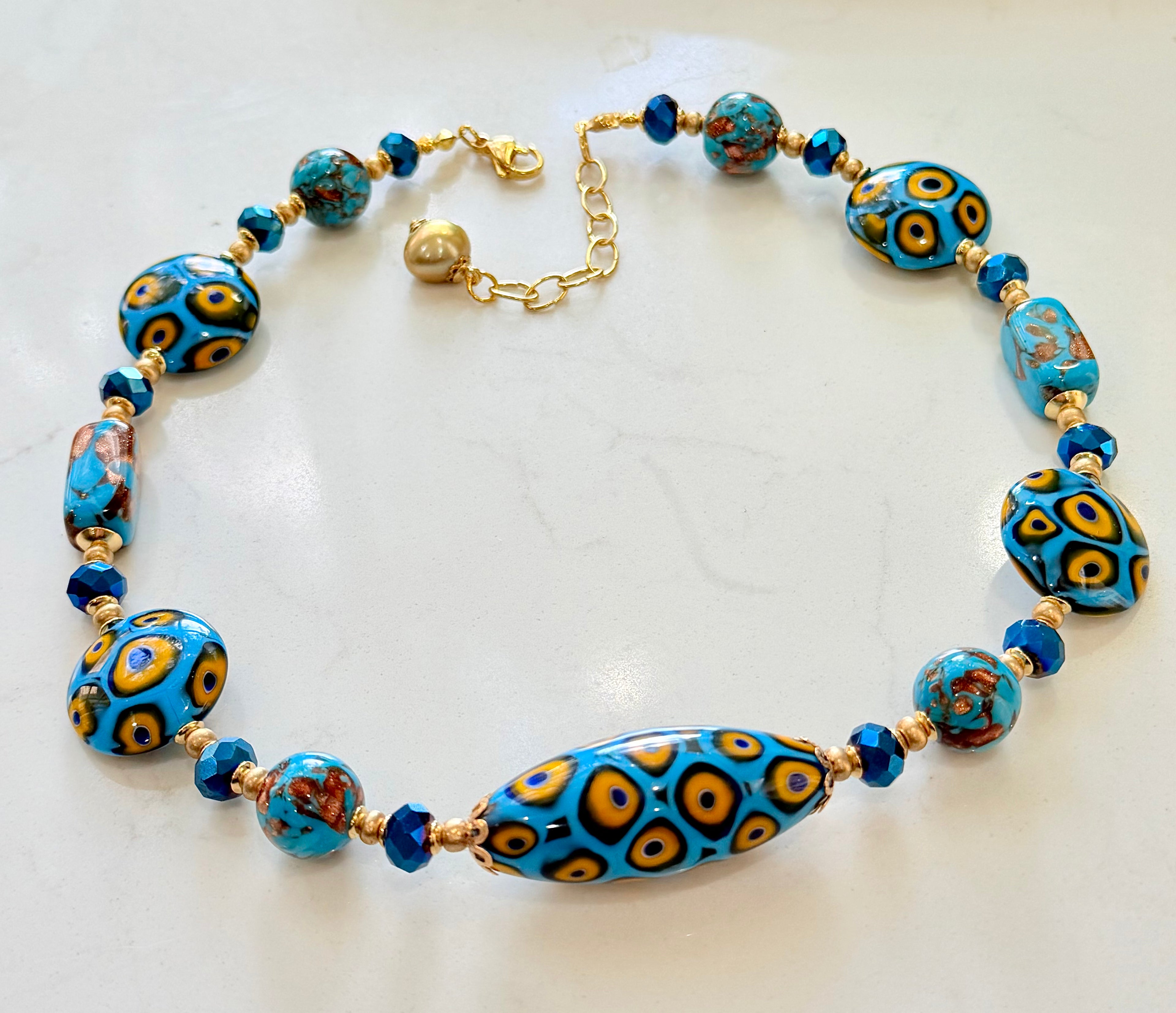 Perfect Combination of Old Meets New-Rosario Leonardi Aqua Blue & Gold Themed Necklace Featuring Exclusive Custom Moretti Beads
