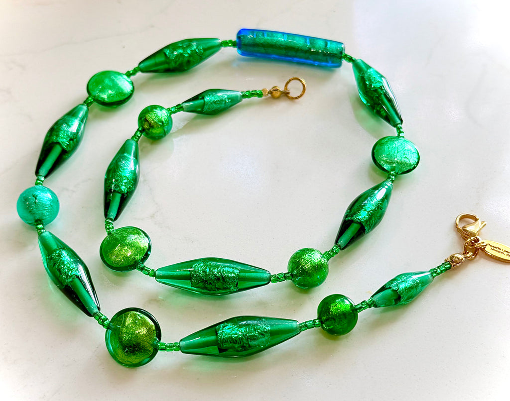 Rosario Leonardi “Boy That’s Green” Murano Lampwork & CzechGlass Necklace, One of a Kind.