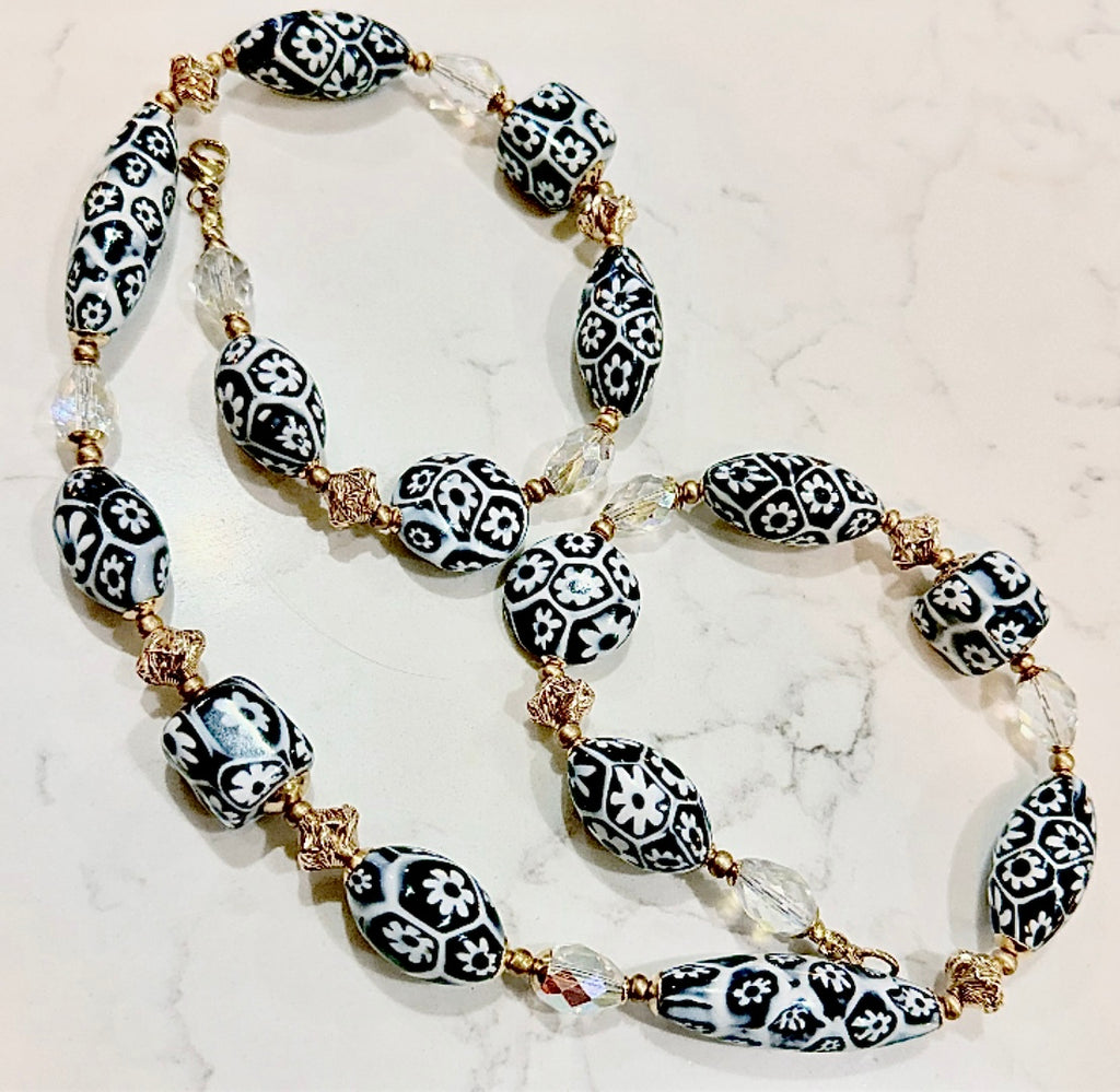 Black & White Millefiori Murano Glass Necklace Featuring EXCLUSIVE Ercole Moretti Beads & 12k Yellow Gold Filled Lantern Beads