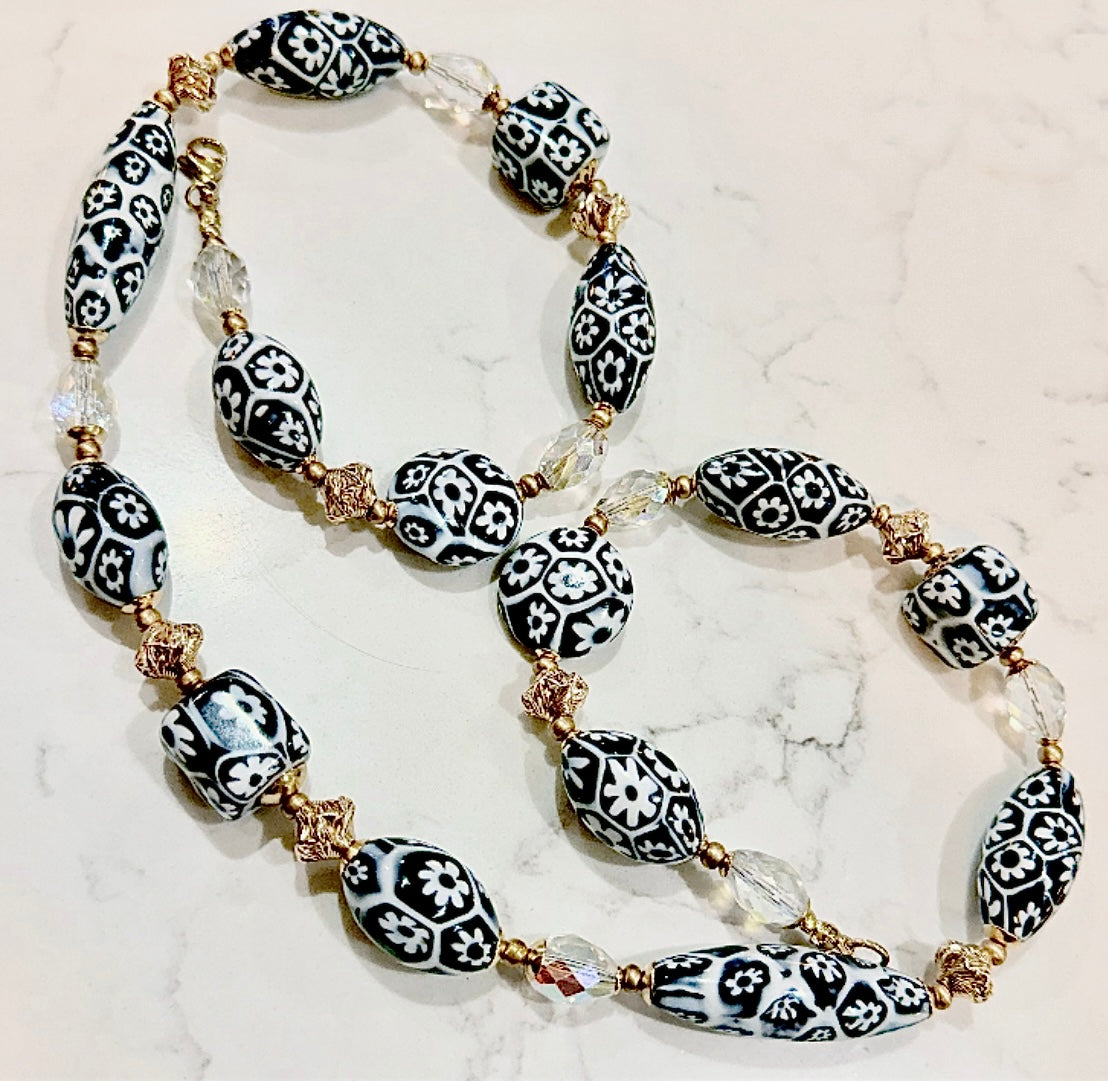 Black & White Millefiori Murano Glass Necklace Featuring EXCLUSIVE Ercole Moretti Beads & 12k Yellow Gold Filled Lantern Beads
