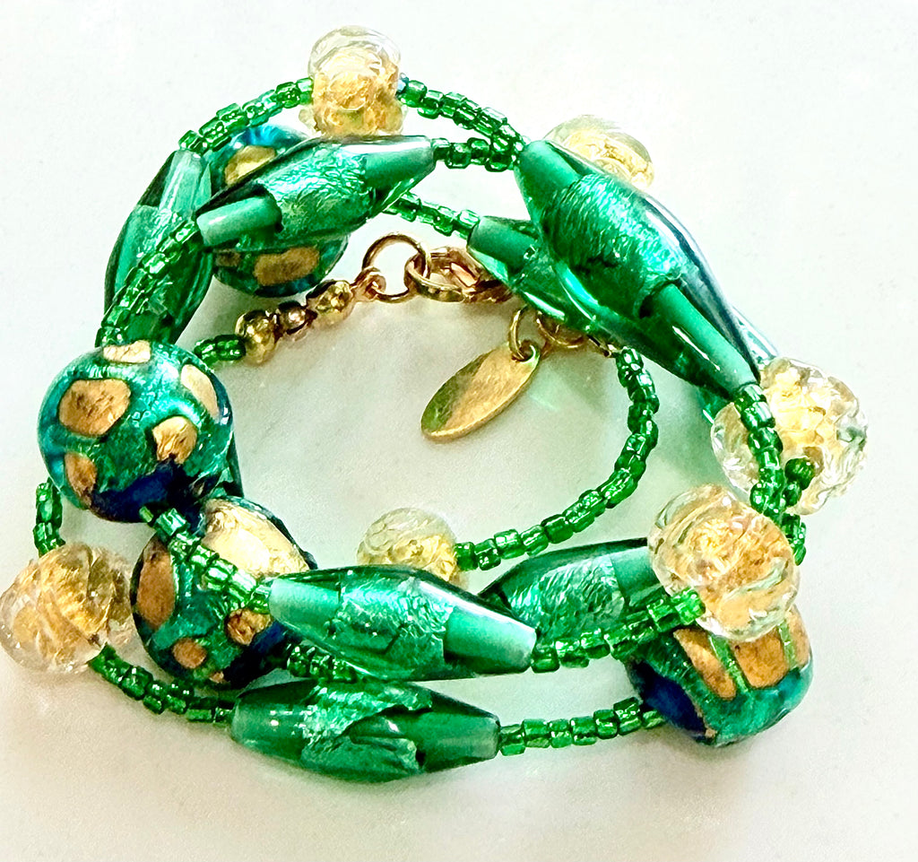 Rosario Leonardi “Boy That’s Green & Gold!” Murano Lampwork & Czech Glass Necklace, One of a Kind.