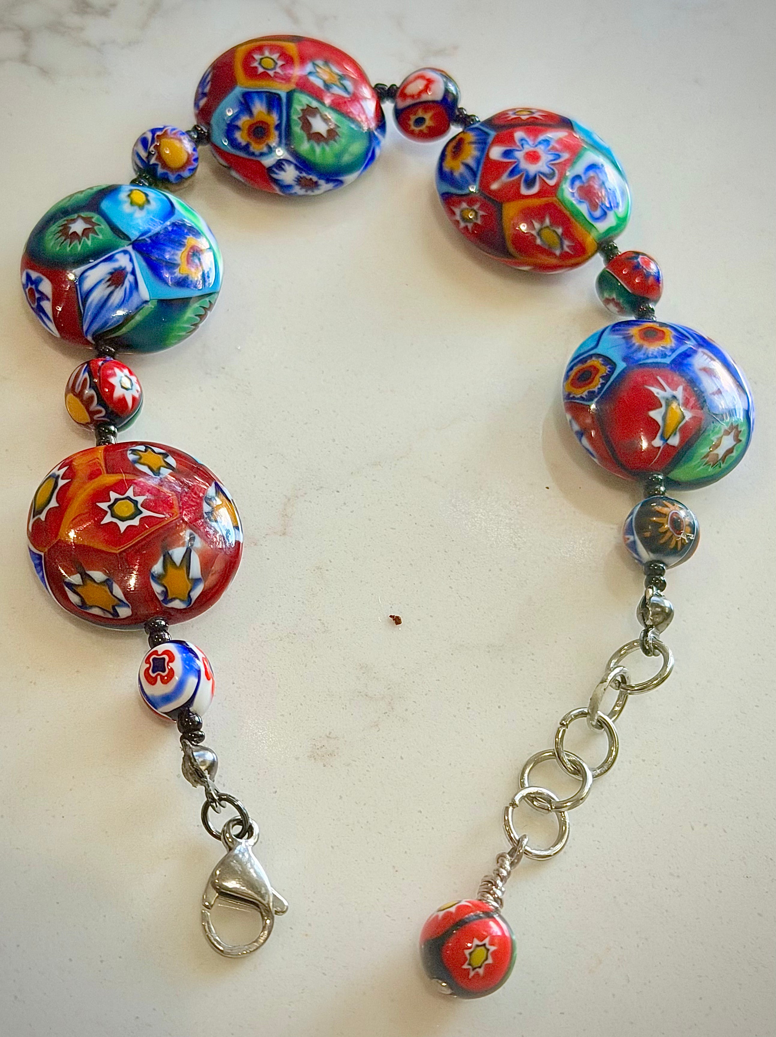 Rosario Leonardi Beaded Coin Shaped Bracelet Featuring Ercole Moretti Red & Blue Flower Patterned  Beads