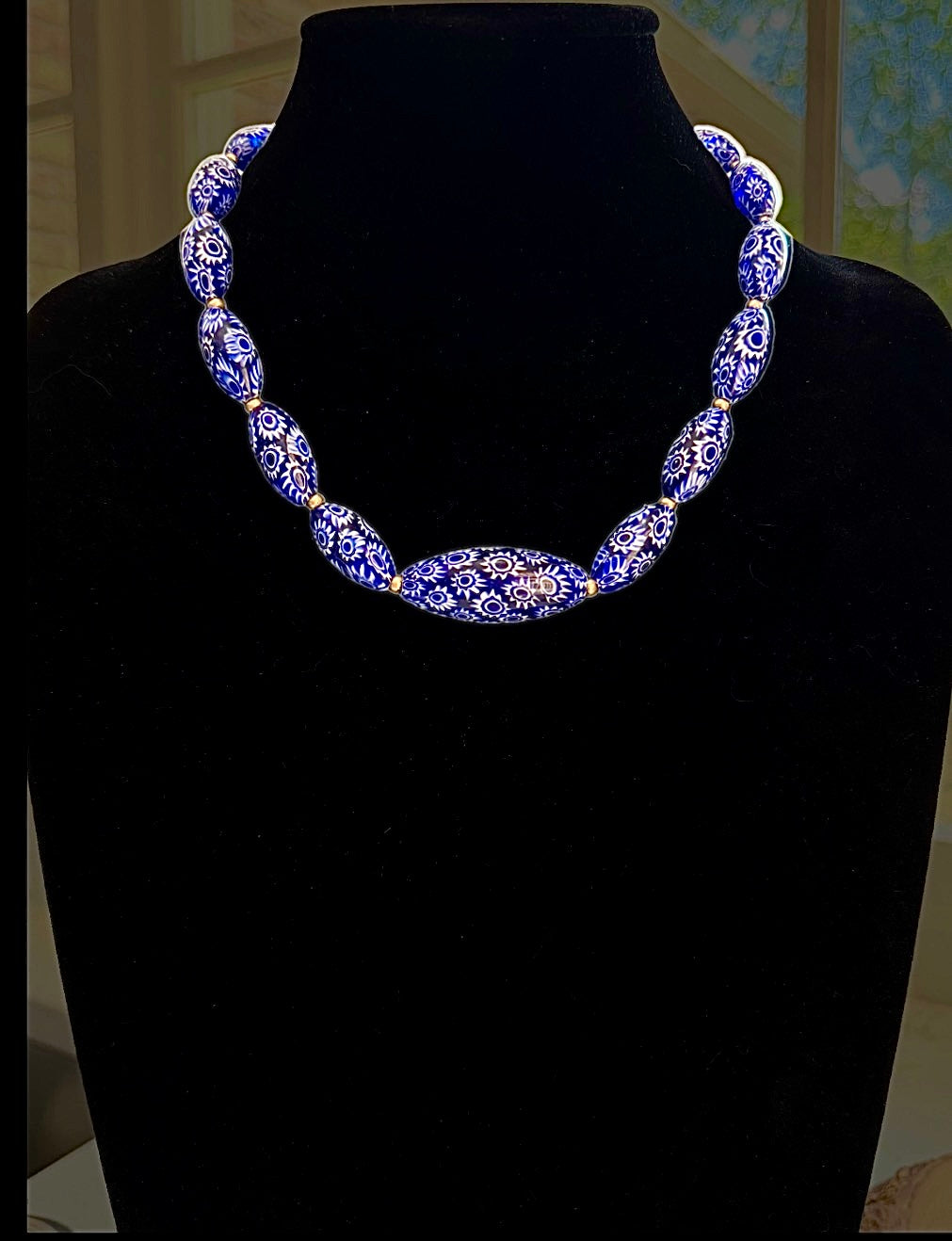 Rosario Leonardi Cobalt  And White Millefiori & Freshwater Pearl Necklace- Featuring EXCLUSIVELY Made Millefiori Murano  Torpedo Glass Beads Just For Our Shop