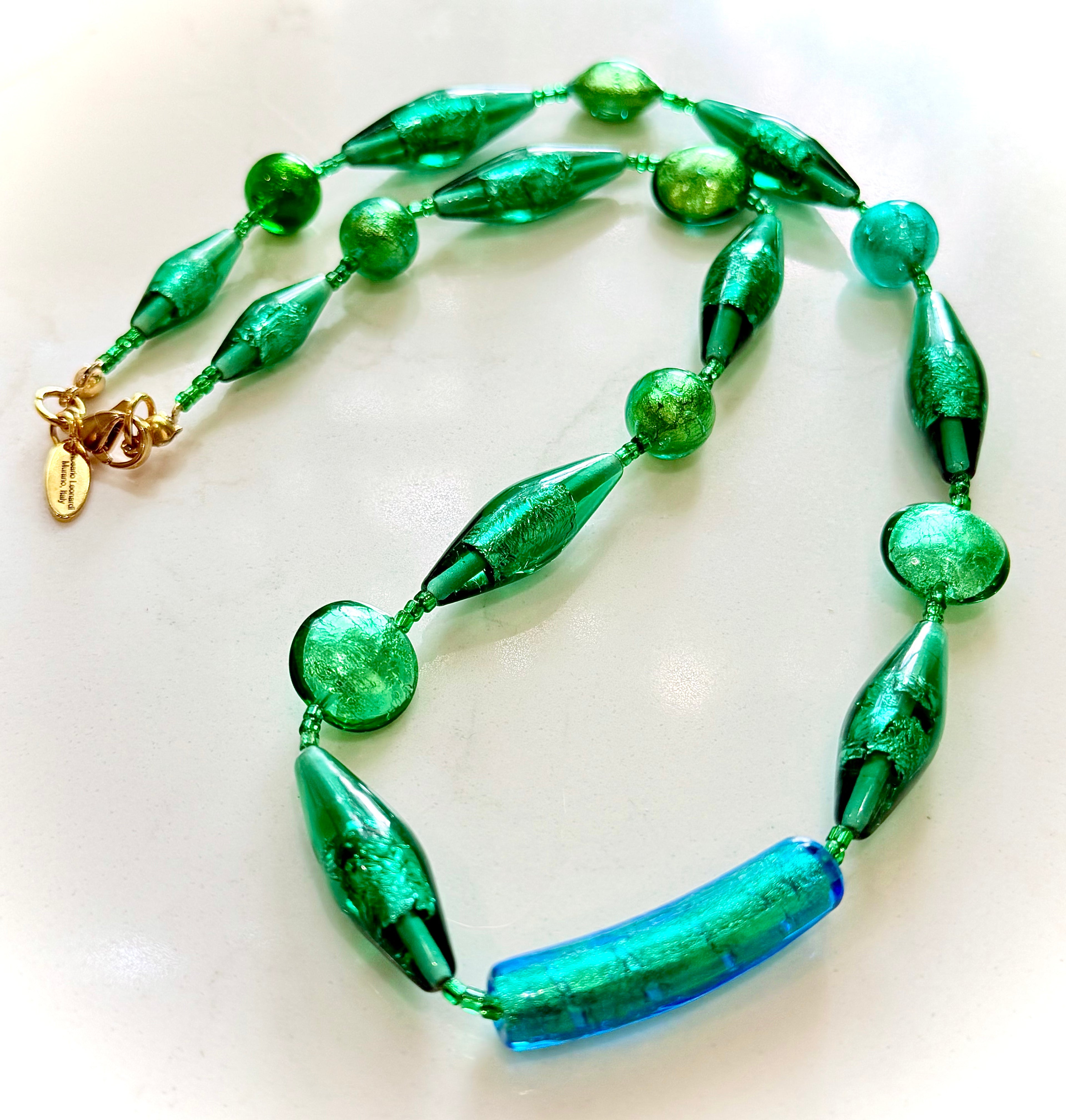 Rosario Leonardi “Boy That’s Green” Murano Lampwork & CzechGlass Necklace, One of a Kind.