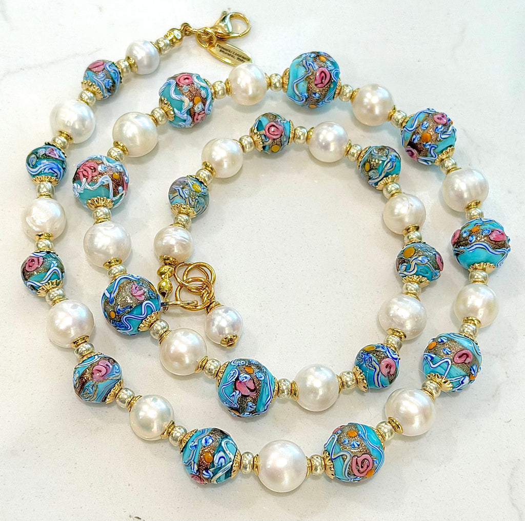 Rosario Leonardi Vintage Fancy Wedding Cake Beads & White Freshwater Pearl Necklace