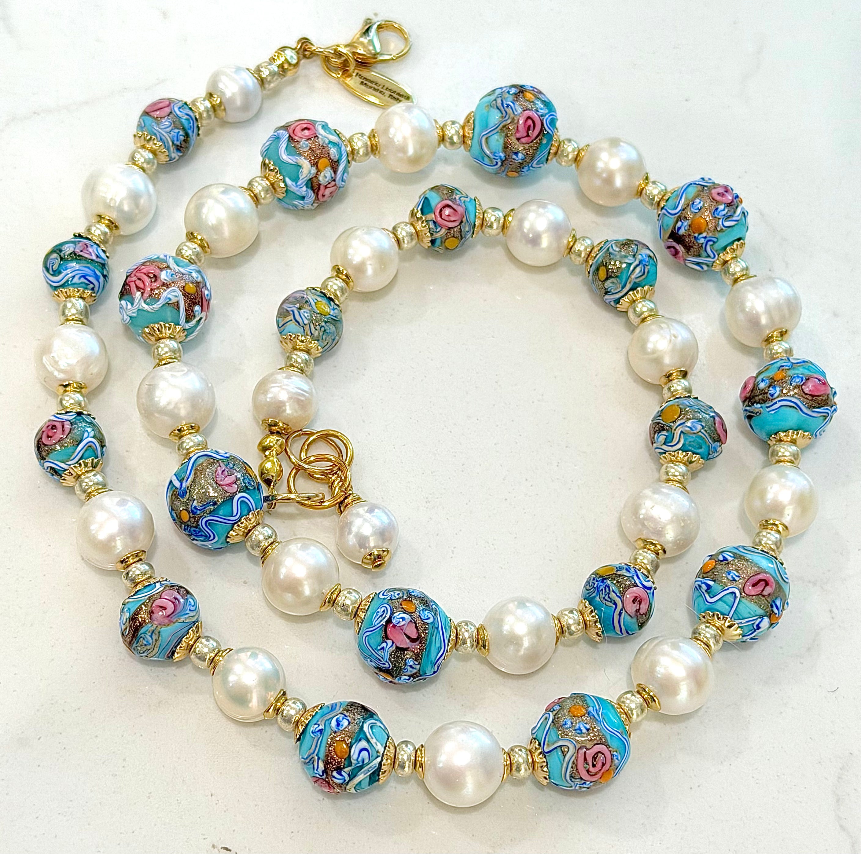 Rosario Leonardi Vintage Fancy Wedding Cake Beads & White Freshwater Pearl Necklace