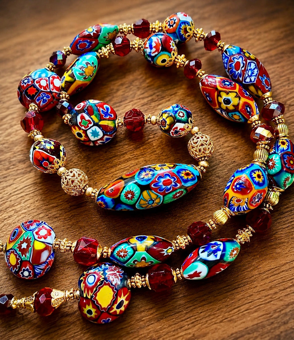 Rosario Leonardi Red Patterned Murano Millefiori Ercole Moretti Beaded Necklace-Choose your lenghti