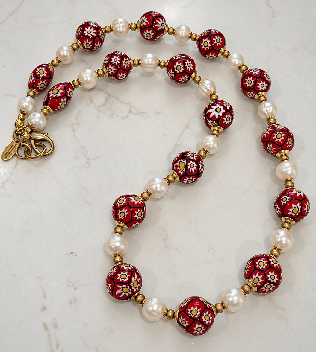Rosario Leonardi Vintage Red & White Vintage Ercole Moretti Red & White Flowered Beads With White Freshwater Pearls 22”Necklace