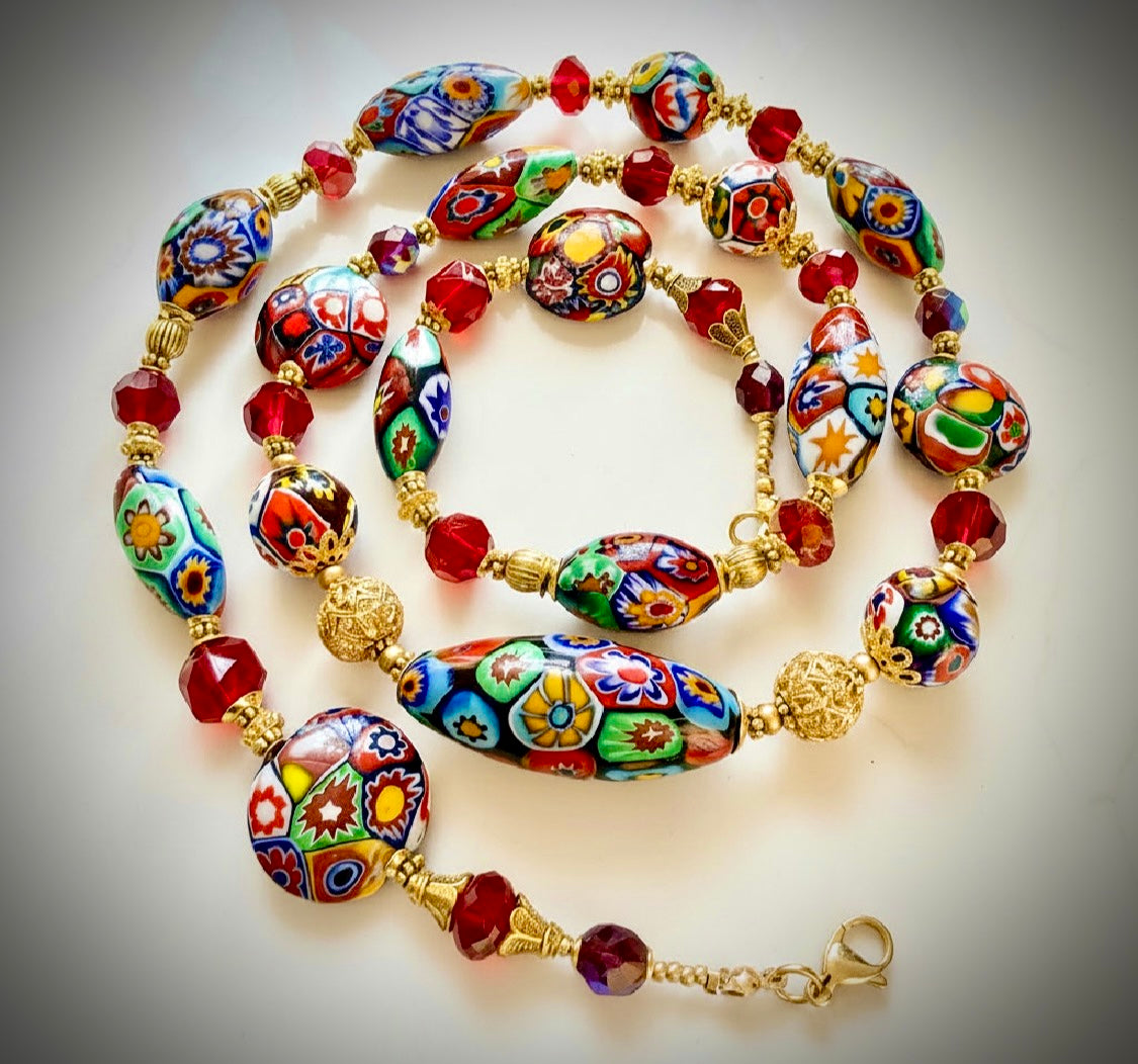Rosario Leonardi Red Patterned Murano Millefiori Ercole Moretti Beaded Necklace-Choose your lenghti