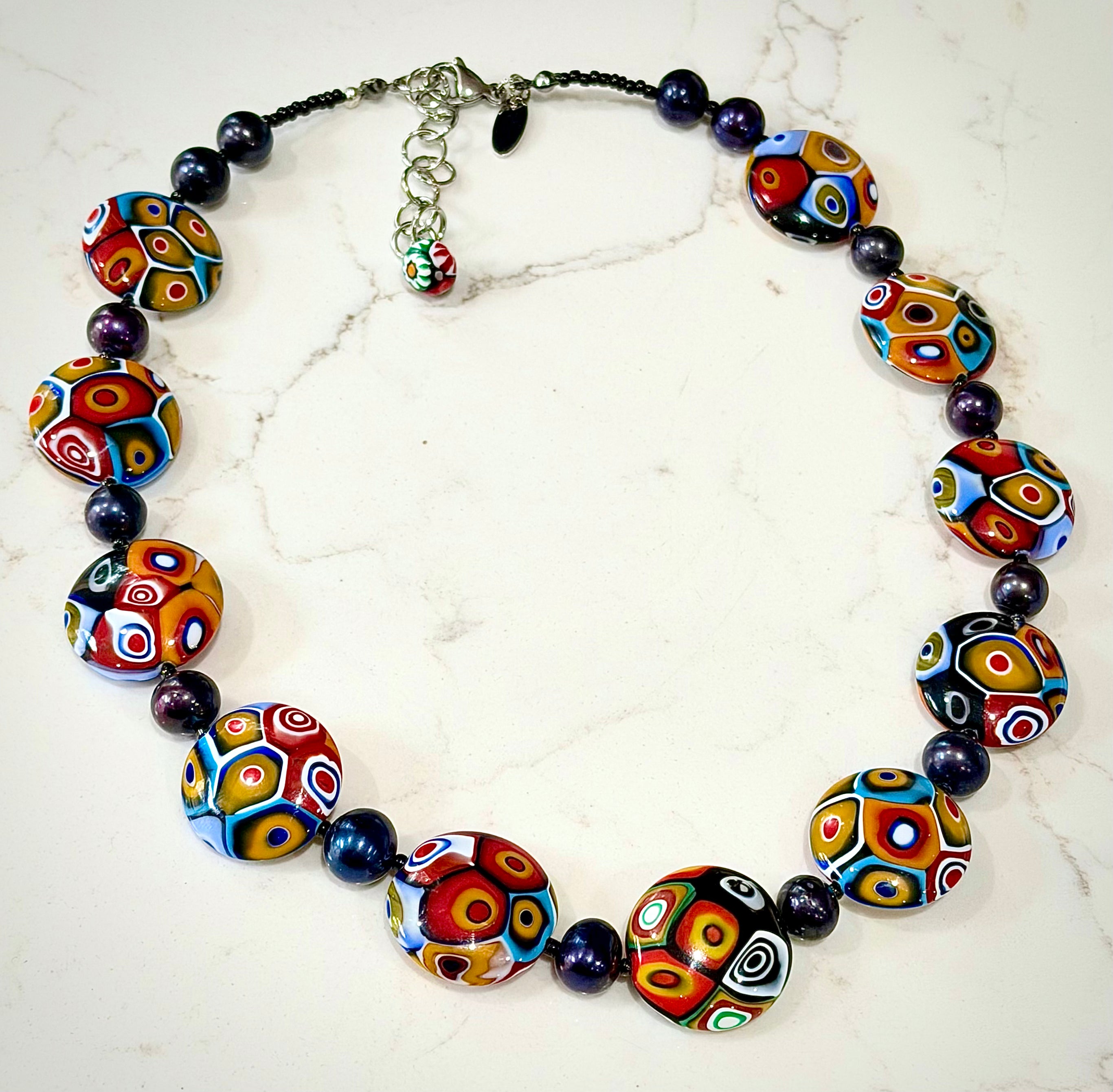 Rosario Leonardi Black Freshwater Pearl & Multicolored Coin Shaped Bead Necklace Featuring Ercole Moretti TriColored Patterned  Beads