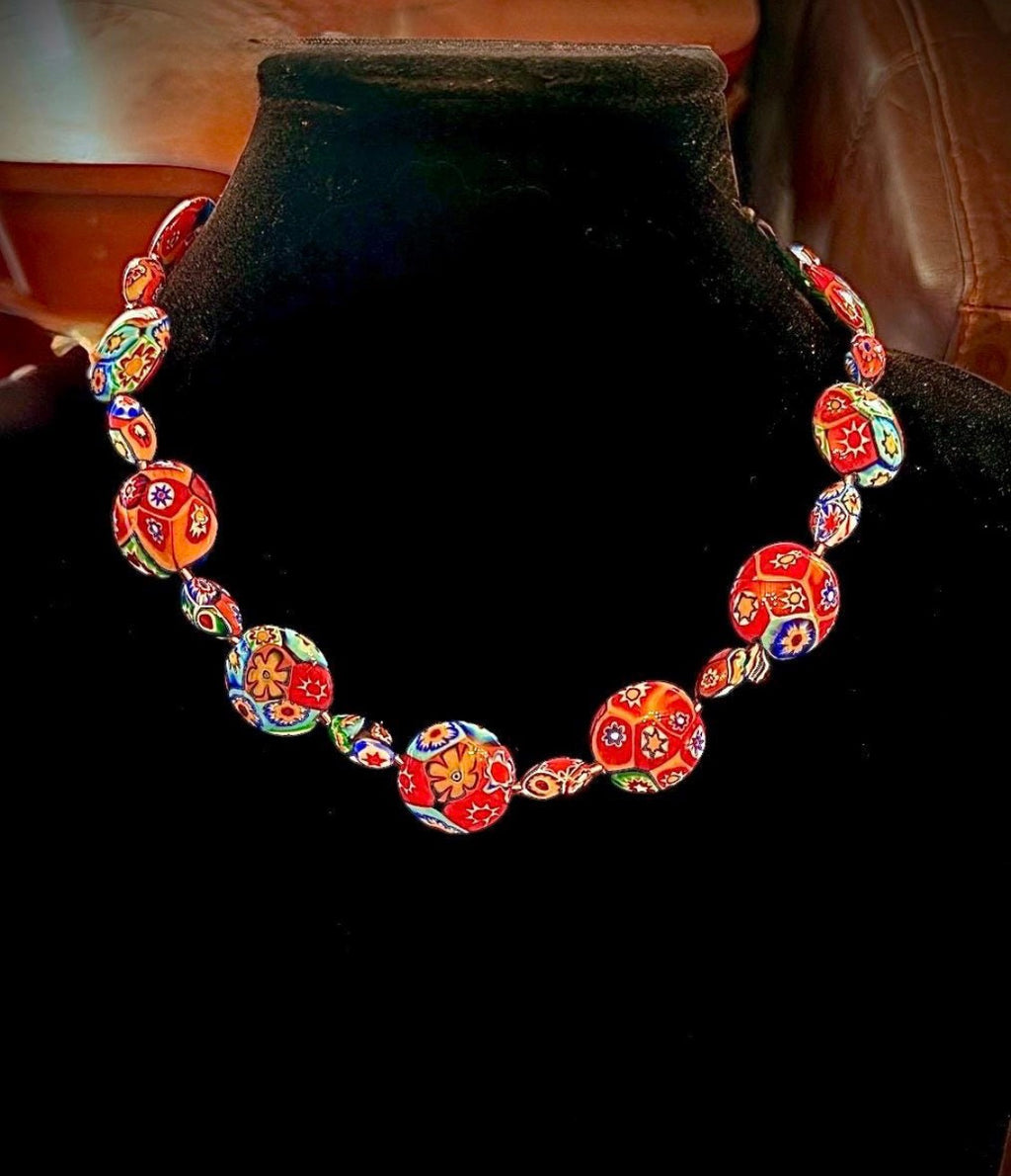 Rosario Leonardi Beaded Coin Shaped Necklace Featuring Ercole Moretti Red & Blue Flower Patterned  Beads