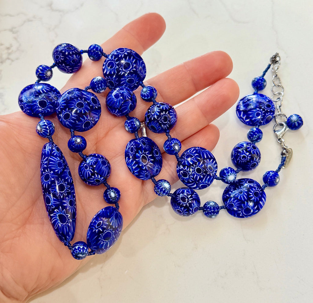 Rosario Leonardi Cobalt Blue Neckalce Featuring Exclusive Ercole Moretti Murano Millefiori Glass Beads