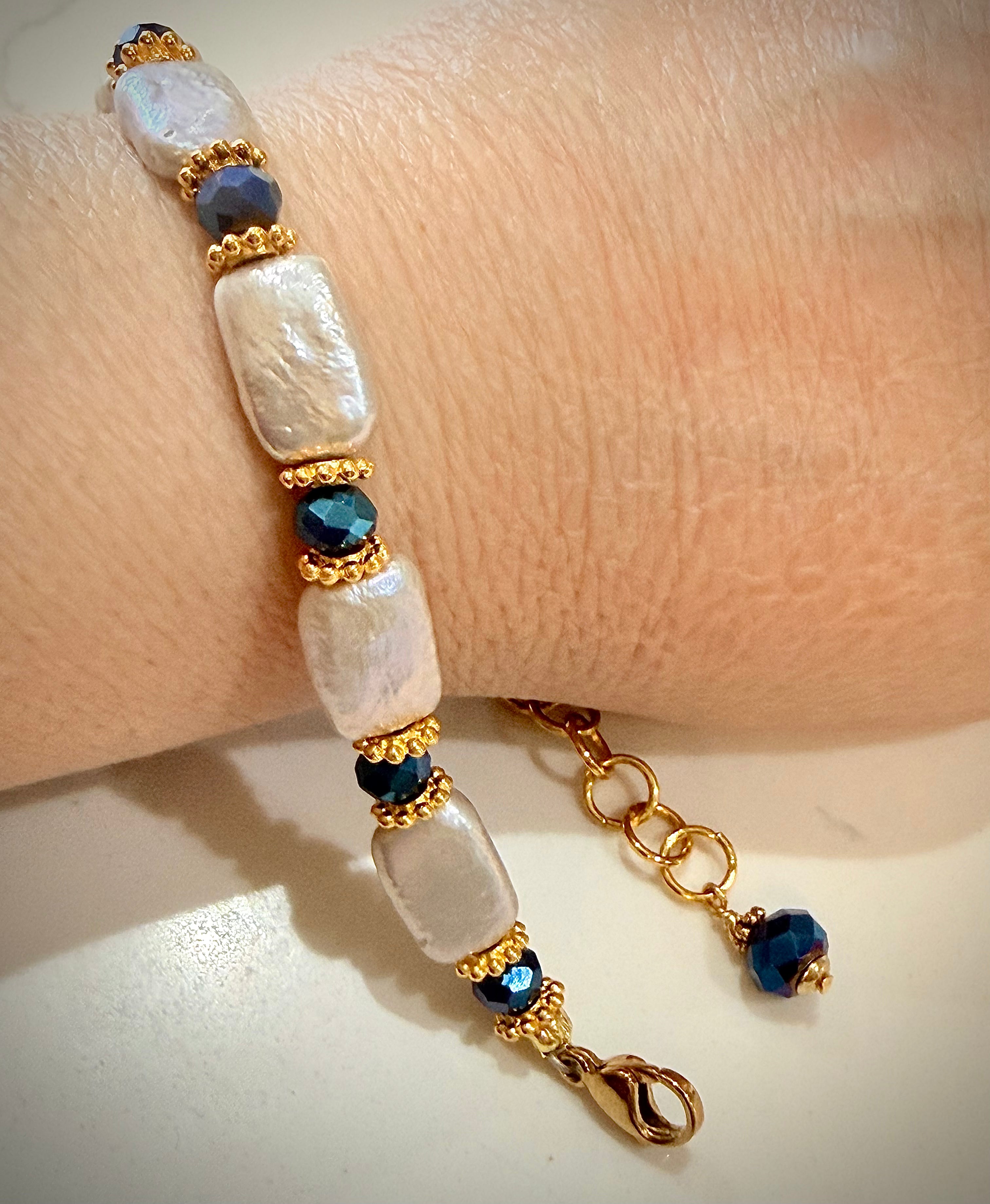 Gorgeous Rectangular Freshwater Pearl & Cobalt Crystal Bracelet