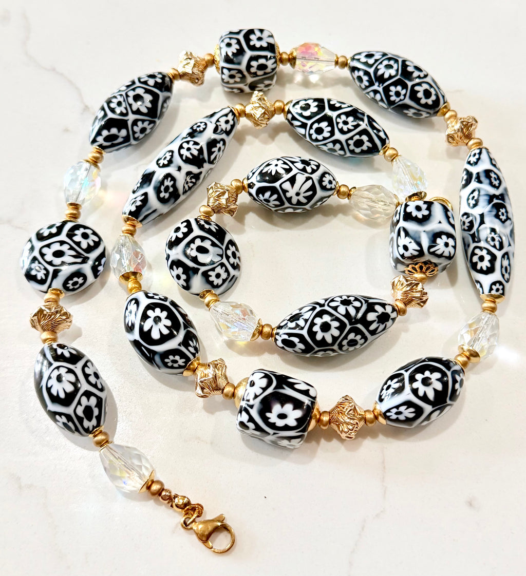Black & White Millefiori Murano Glass Necklace Featuring EXCLUSIVE Ercole Moretti Beads & 12k Yellow Gold Filled Lantern Beads