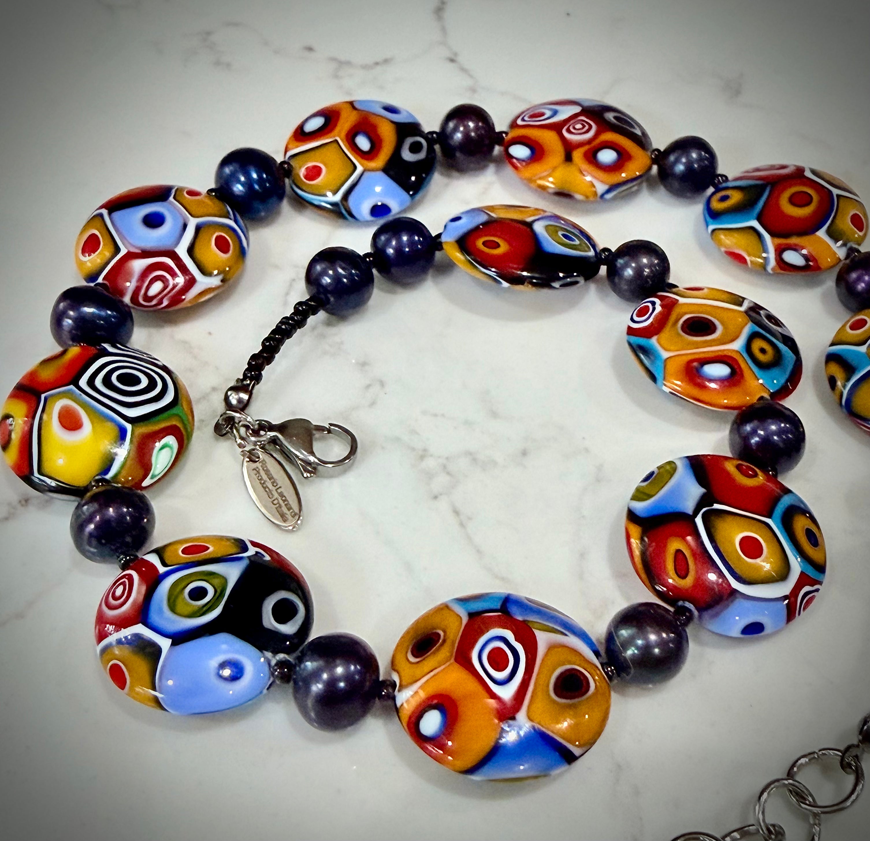 Rosario Leonardi Black Freshwater Pearl & Multicolored Coin Shaped Bead Necklace Featuring Ercole Moretti TriColored Patterned  Beads
