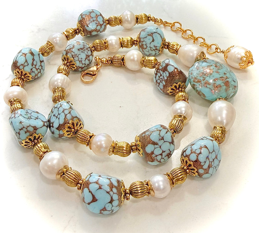 Rosario Leonardi Vintage Faux Turquoise Aventurine, Large Murano  Sommerso Focal Bead & White Freshwater Pearl Necklace