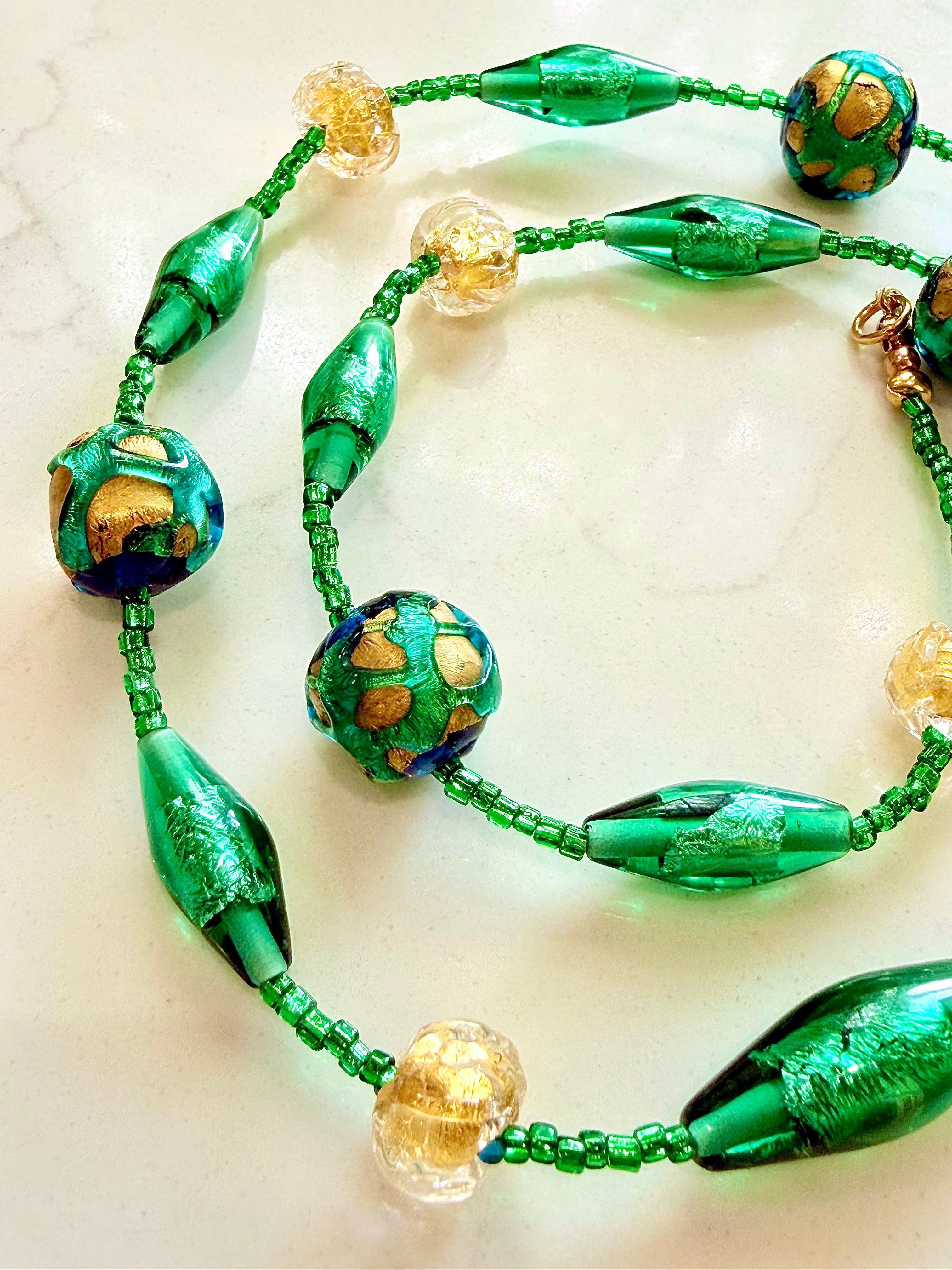 Rosario Leonardi “Boy That’s Green & Gold!” Murano Lampwork & Czech Glass Necklace, One of a Kind.