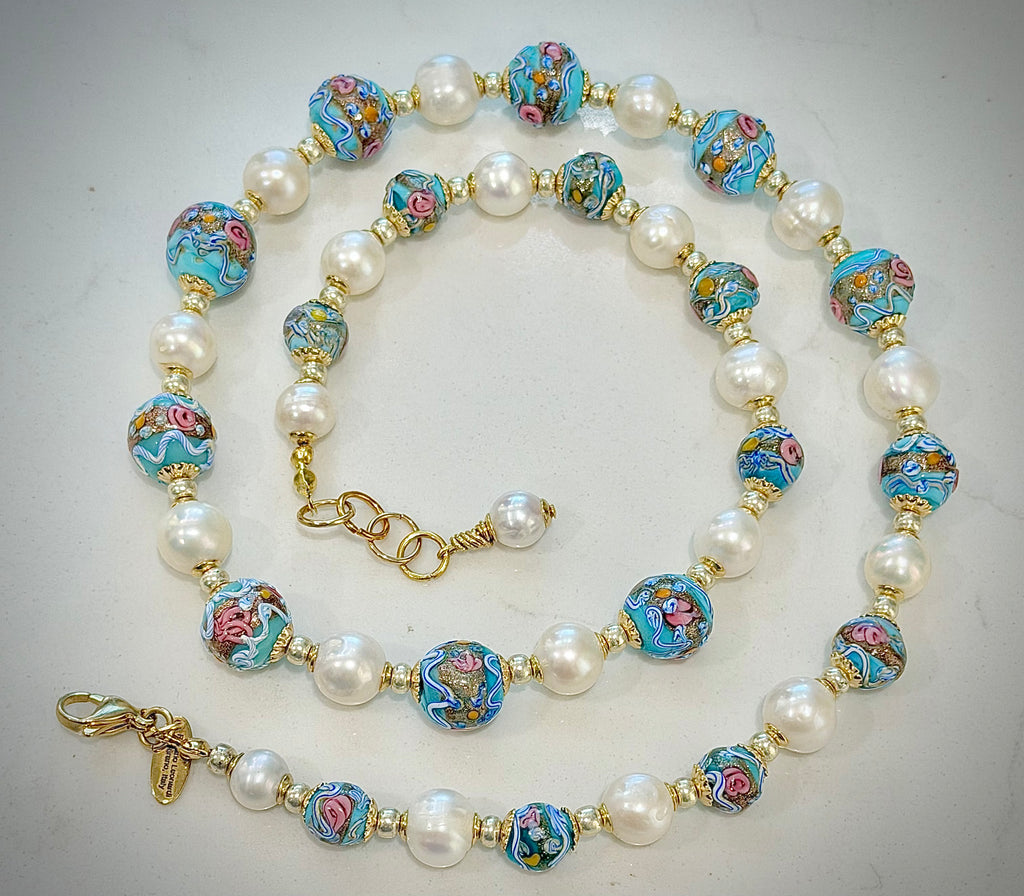 Rosario Leonardi Vintage Fancy Wedding Cake Beads & White Freshwater Pearl Necklace