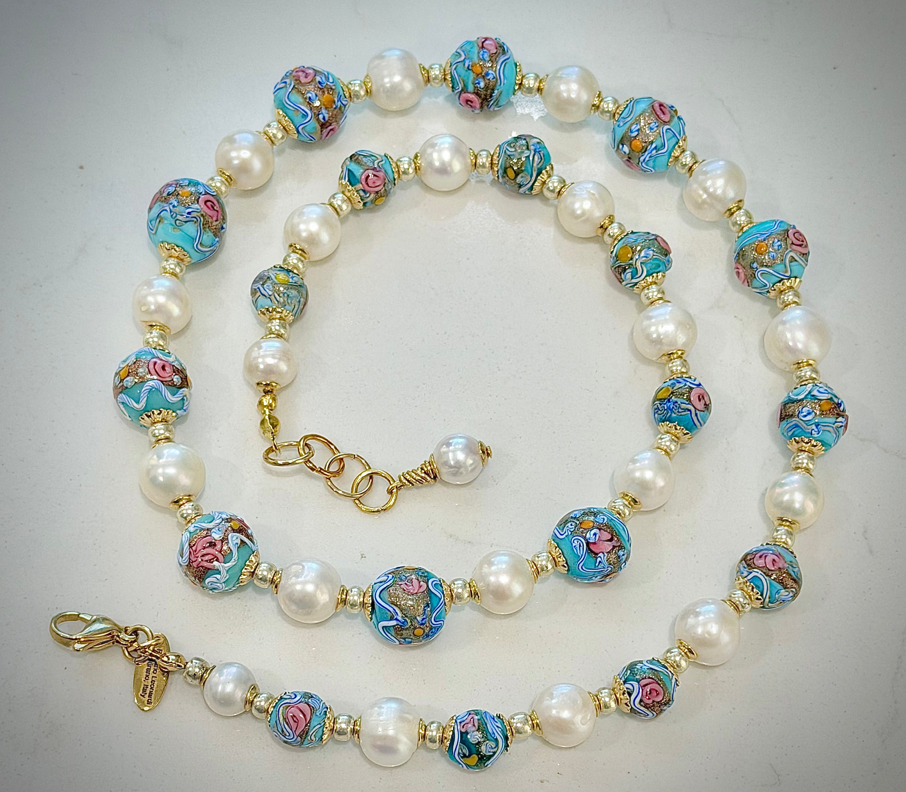 Rosario Leonardi Vintage Fancy Wedding Cake Beads & White Freshwater Pearl Necklace