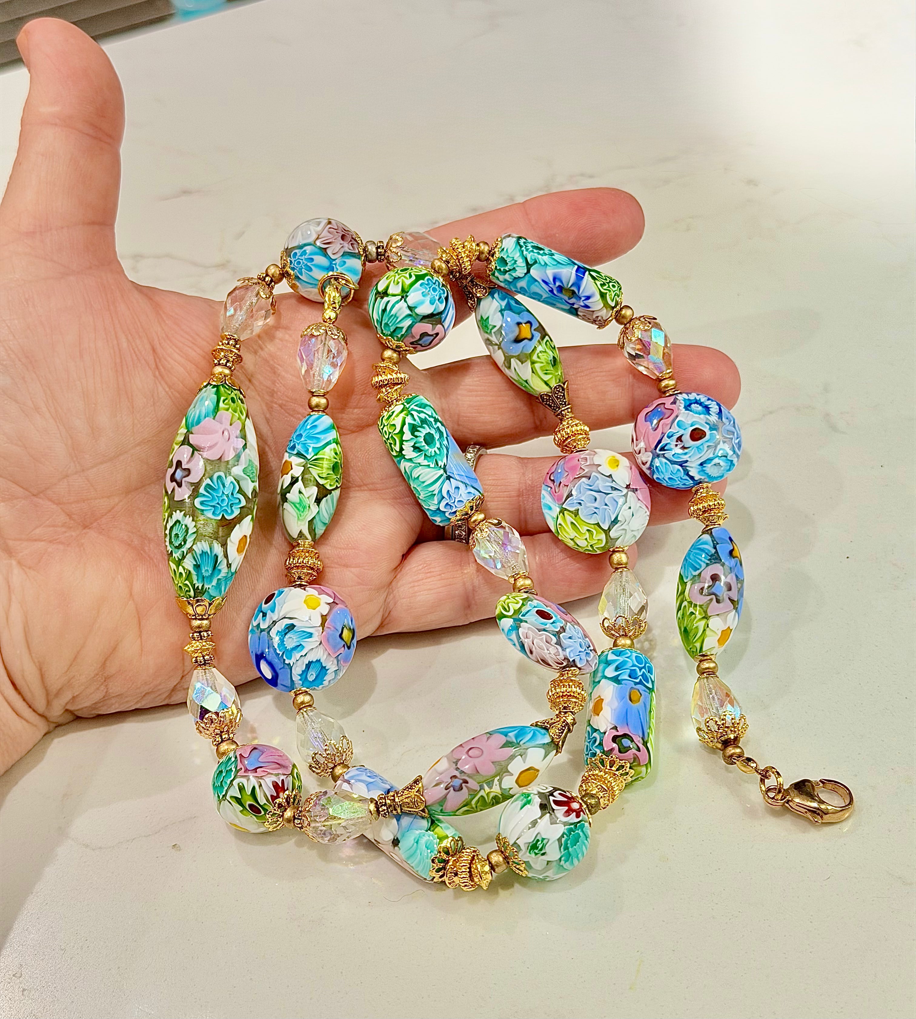Pastel Lace Matched Millefiori Murano Glass Necklace Featuring Moretti Beads