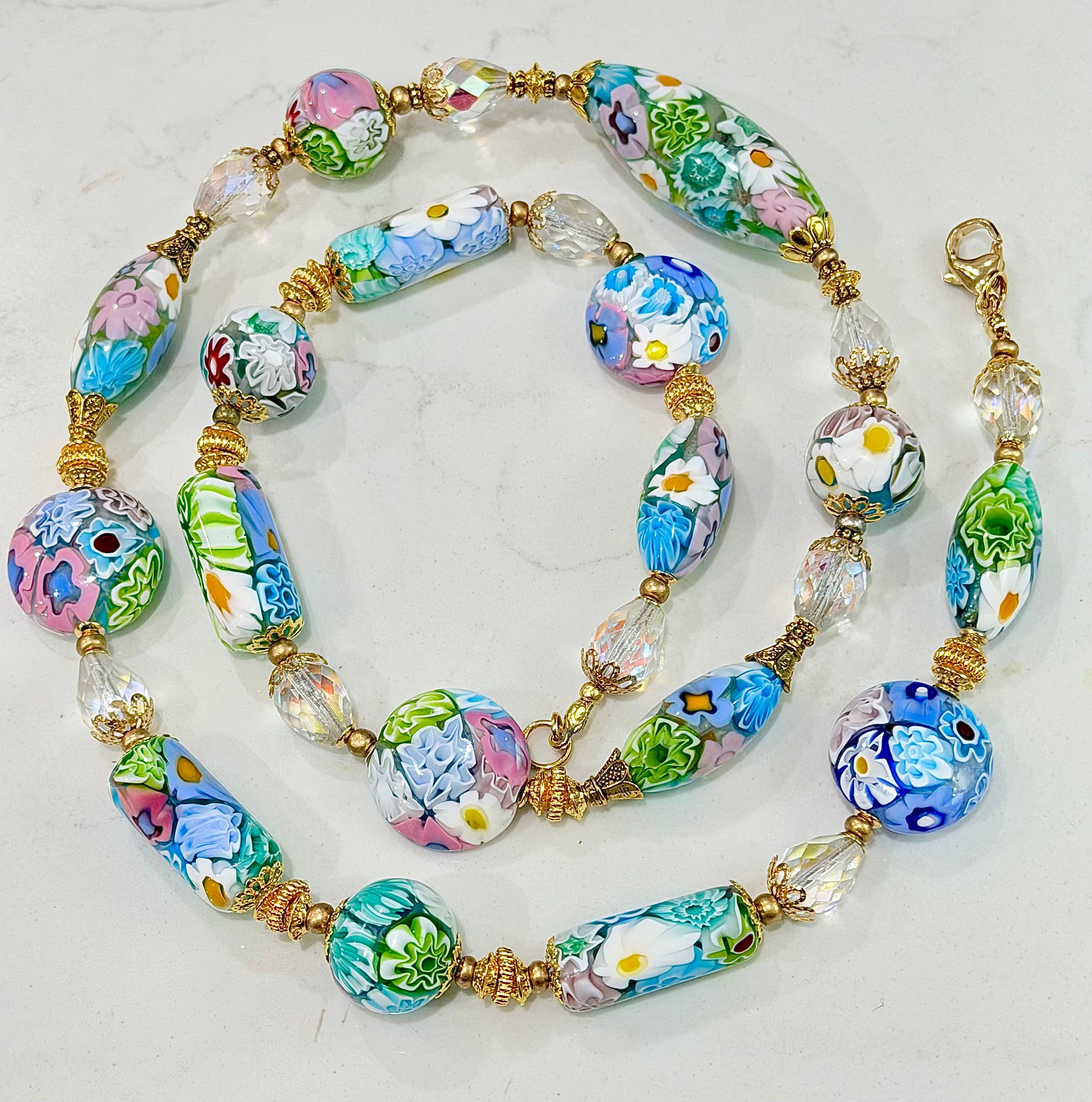 Pastel Lace Matched Millefiori Murano Glass Necklace Featuring Moretti Beads