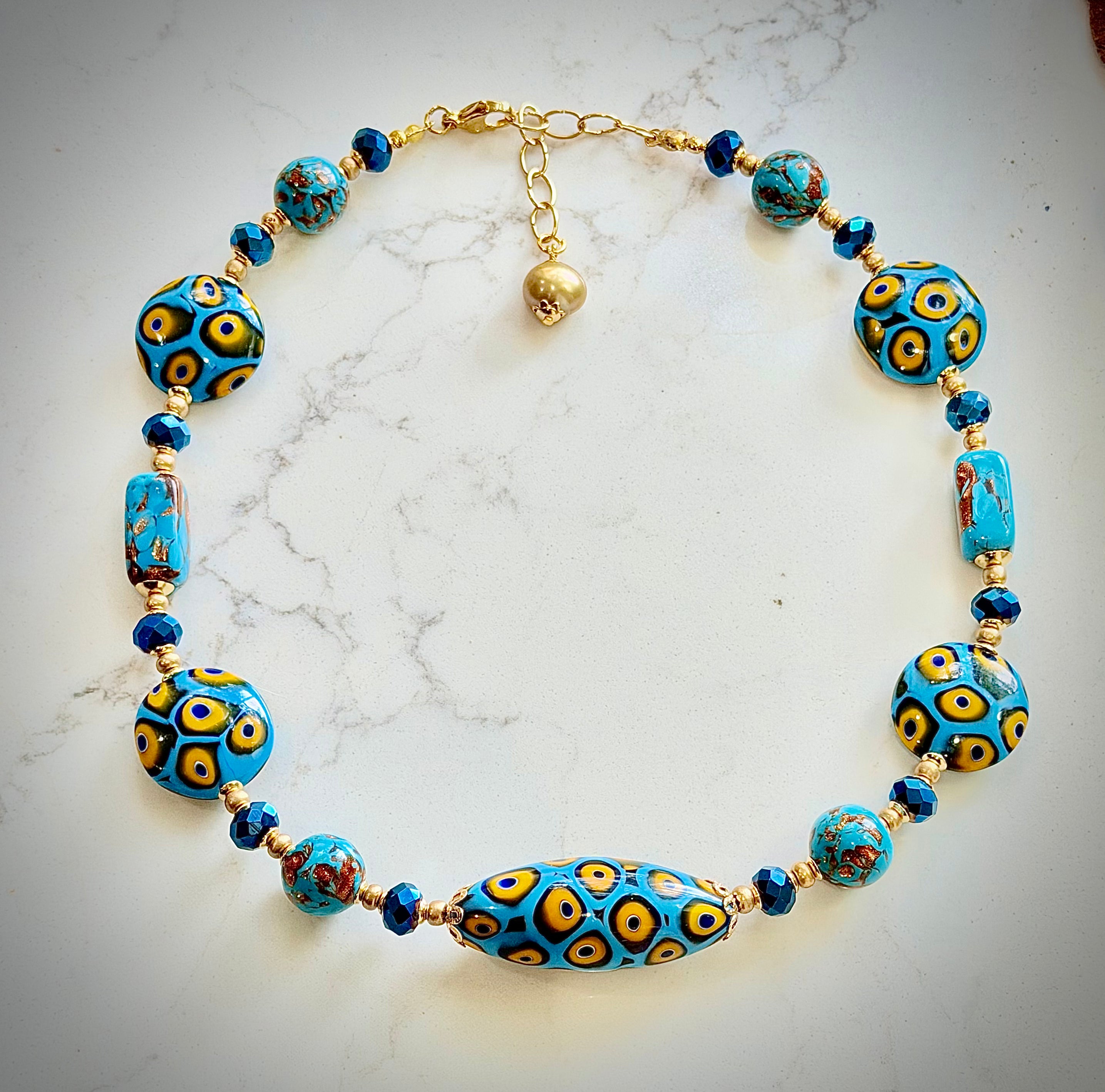 Perfect Combination of Old Meets New-Rosario Leonardi Aqua Blue & Gold Themed Necklace Featuring Exclusive Custom Moretti Beads