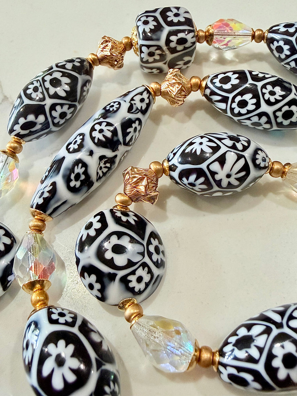 Black & White Millefiori Murano Glass Necklace Featuring EXCLUSIVE Ercole Moretti Beads & 12k Yellow Gold Filled Lantern Beads