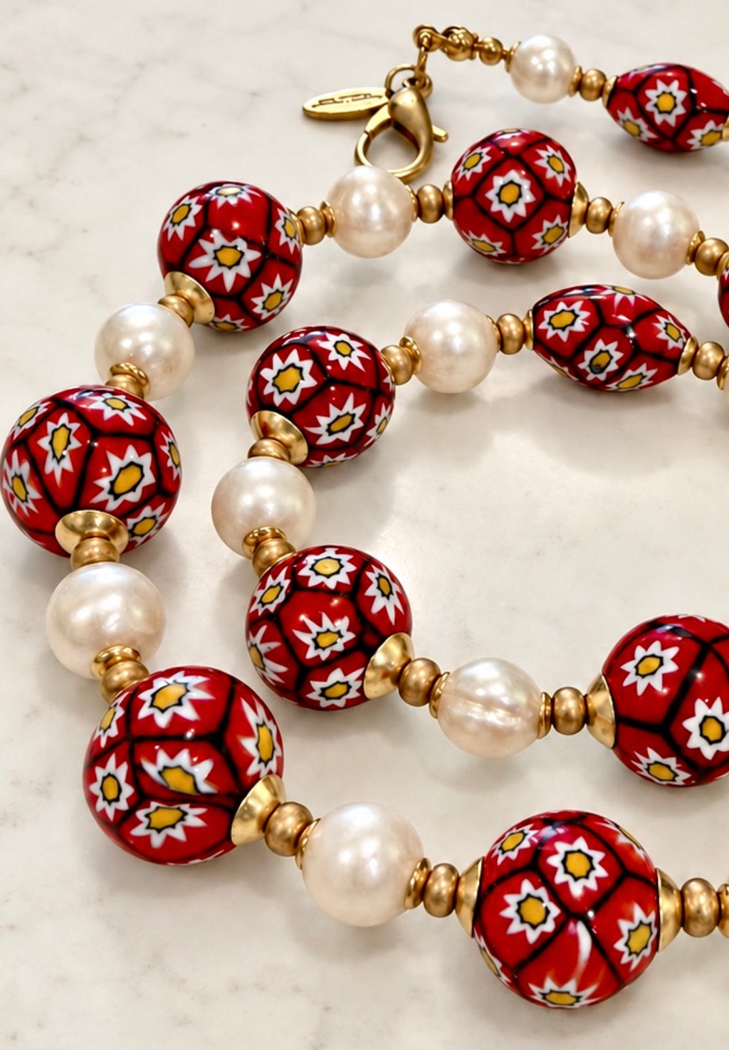 Rosario Leonardi Vintage Red & White Vintage Ercole Moretti Red & White Flowered Beads With White Freshwater Pearls 22”Necklace